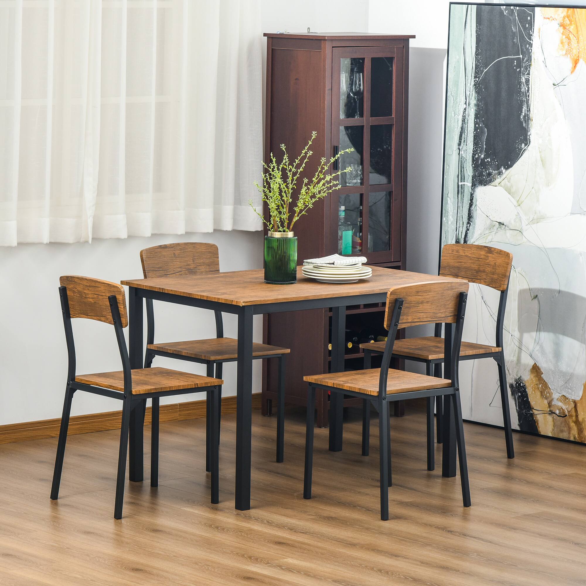 Alt View 8. Homcom - 5 Piece Industrial Dining Table Set for 4, Rectangular Kitchen Table and Chairs, Dining Room Set for Small Space - Rustic Brown.