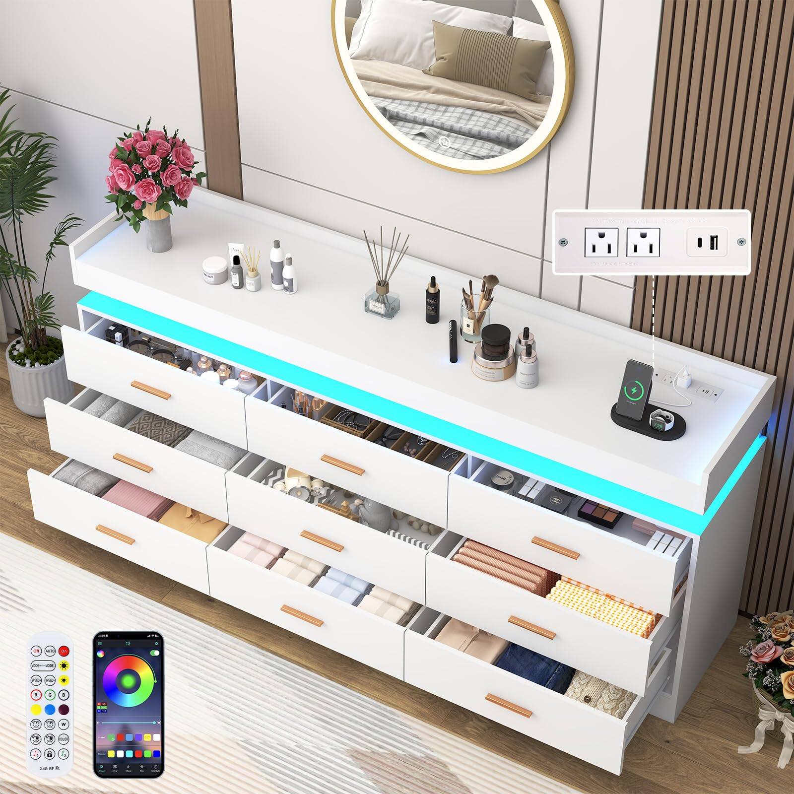 Alt View 2. Espafurni - 9 Drawer Dresser with LED Light and Charging Station, 63" Modern Chest of Drawers for Closet, Wide Drawer Organizer Cabi - White.