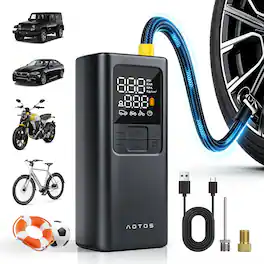 Aotos - Portable Tire Inflator - LP17 150 PSI Air Compressor Pump with Gauge & Power Bank for Car Motorcycle Bike Balls - Black