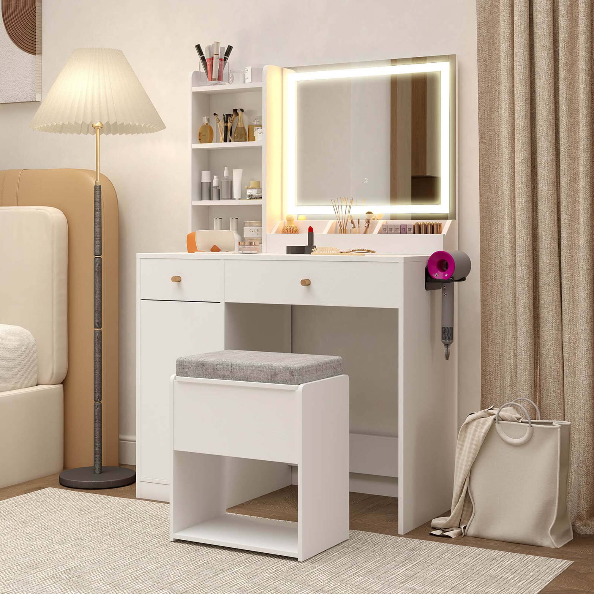 Alt View 1. Costway - Costway Vanity Set Dressing Table and Chair Set with 3 Lighting Modes & Mirror and Lights White - White.