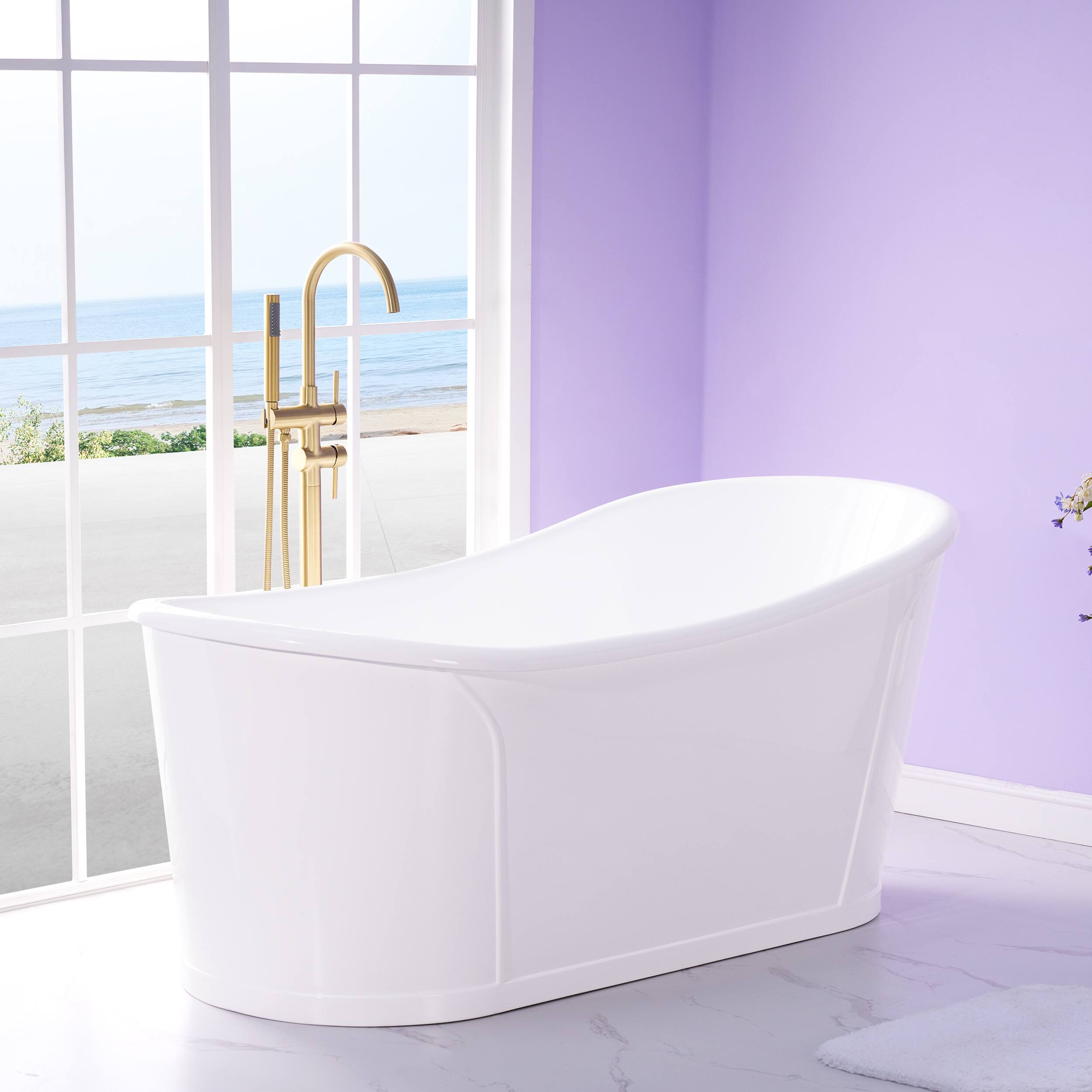 Left. WELLFOR - Luxor 66 in. x 30 in. Acrylic Oval Freestanding Soaking Bathtub with Drain and Overflow - White.