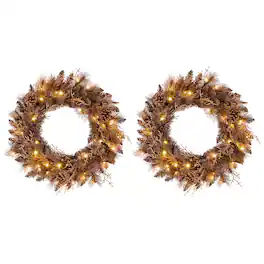 Costway - 2 PCS 24" Pre-lit Christmas Wreath Front Door Artificial Xmas Wreath with 105 Branch Tips Advent Calendar - Brown