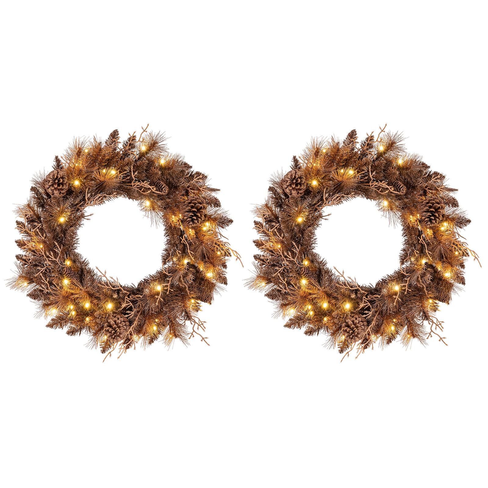 Alt View 9. Gymax - Gymax Set of 2 24'' Pre-lit Christmas Wreath Front Door Artificial Xmas Wreath w/105 Branch Tips Brown - Brown.