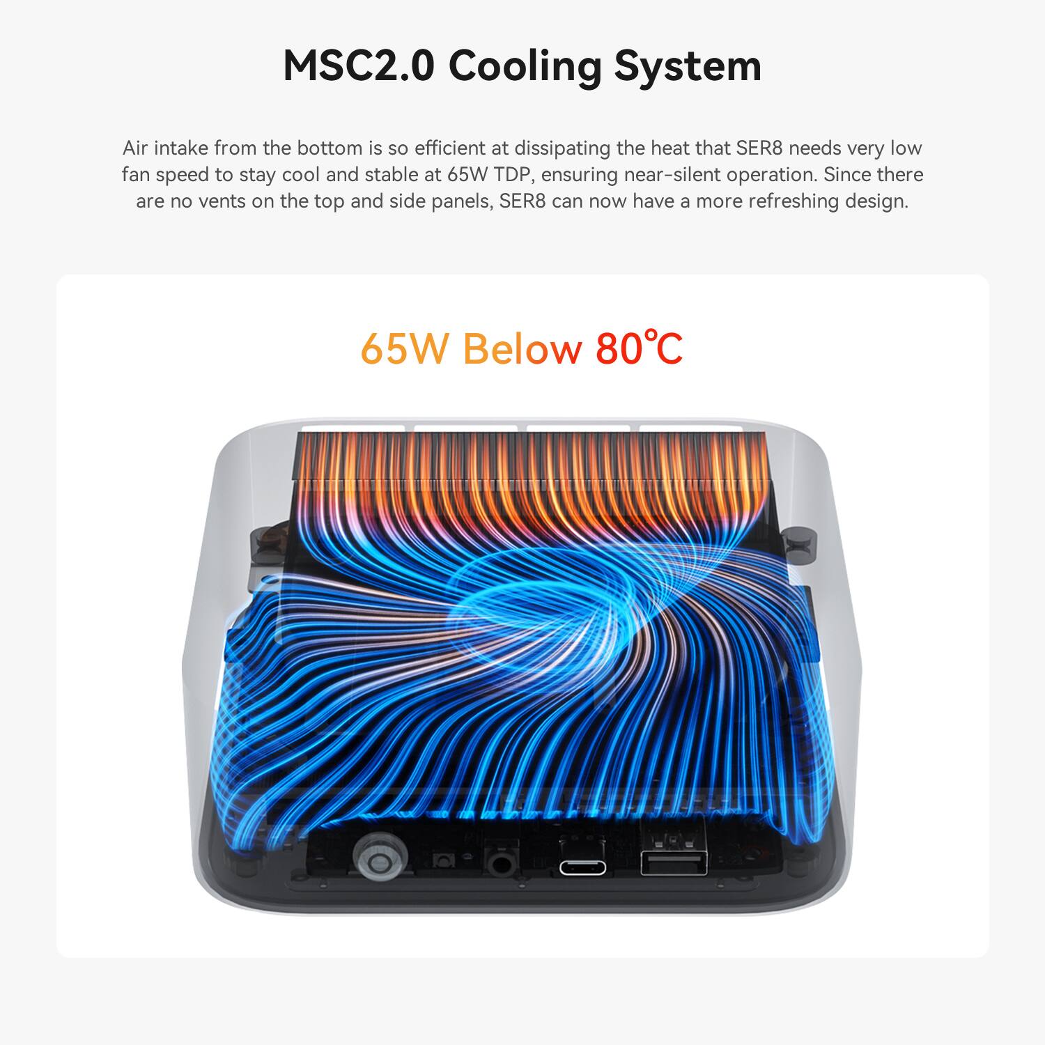 MSC2.0 Cooling System

Air intake from the bottom is so efficient at dissipating the heat that SER8 needs very low fan speed to stay cool and stable at 65W TDP, ensuring near-silent operation. Since there are no vents on the top and side panels, SER8 can now have a more refreshing design.

65W Below 80°C