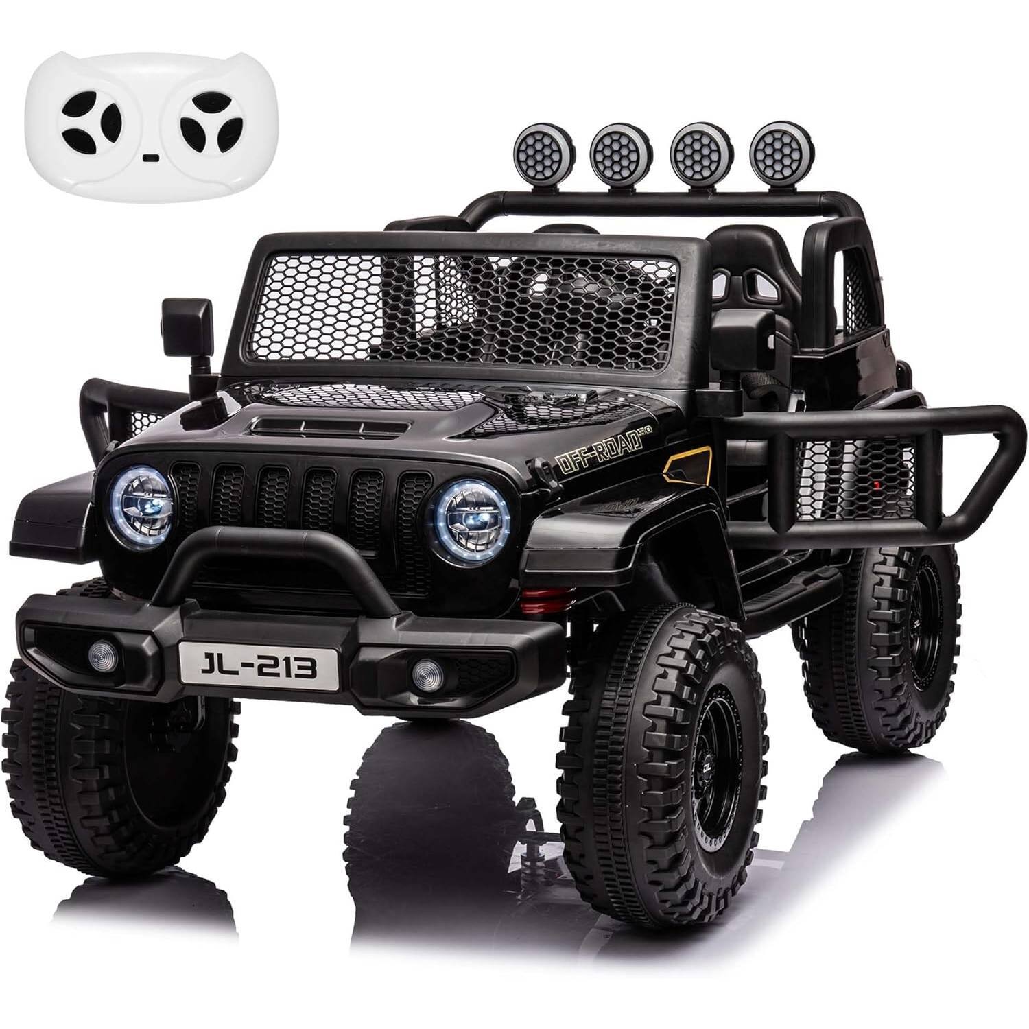 Homhougo- 24V 2-Seater 4WD Kids Ride-On Truck- Electric Vehicle with Remote, 2WD/4WD Switch, LED Lights, Music & Storage- Black