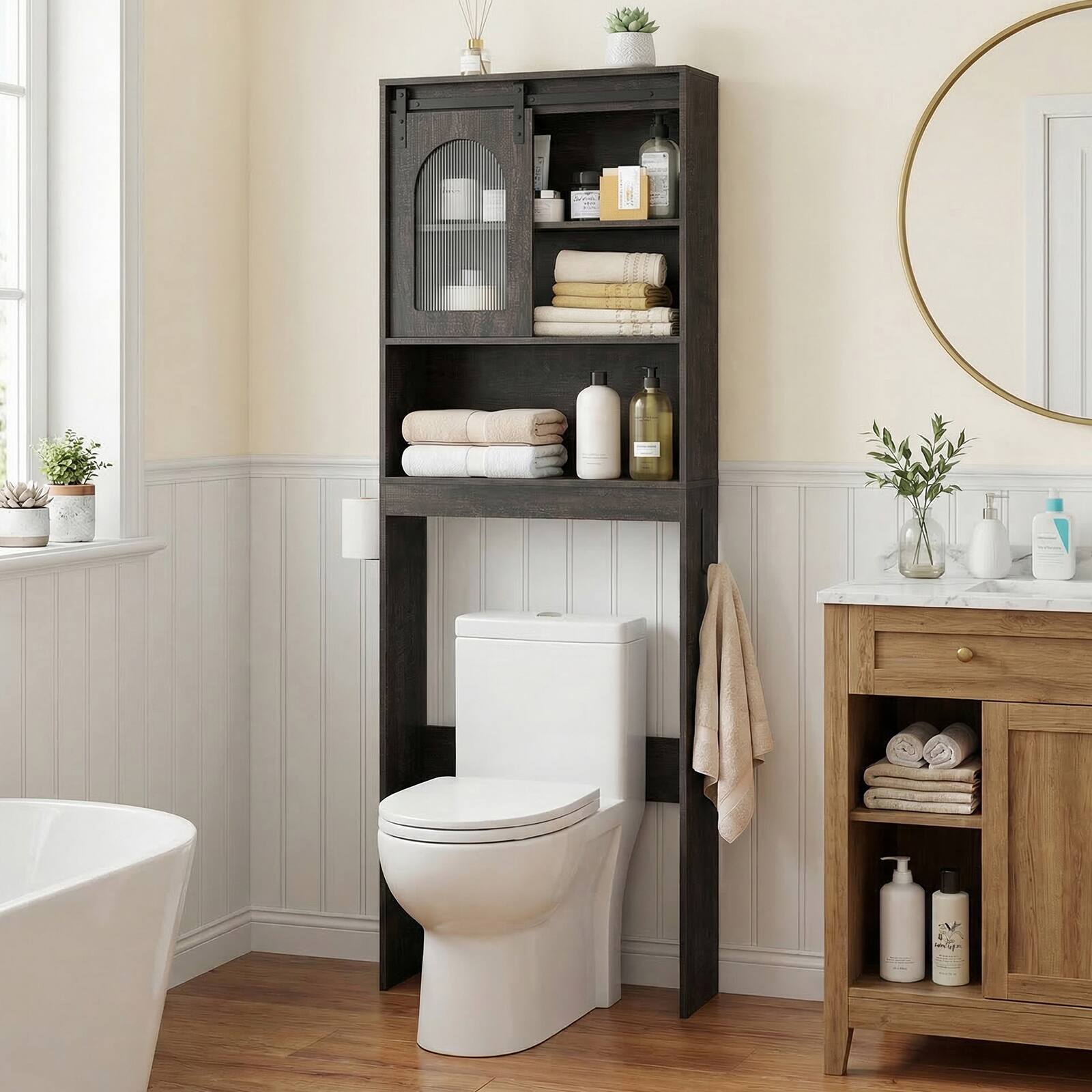 Alt View 4. Costway - Costway Over Toilet Storage Cabinet with Sliding Barn Door Toilet Paper Holder Open Shelves - Black Oak.