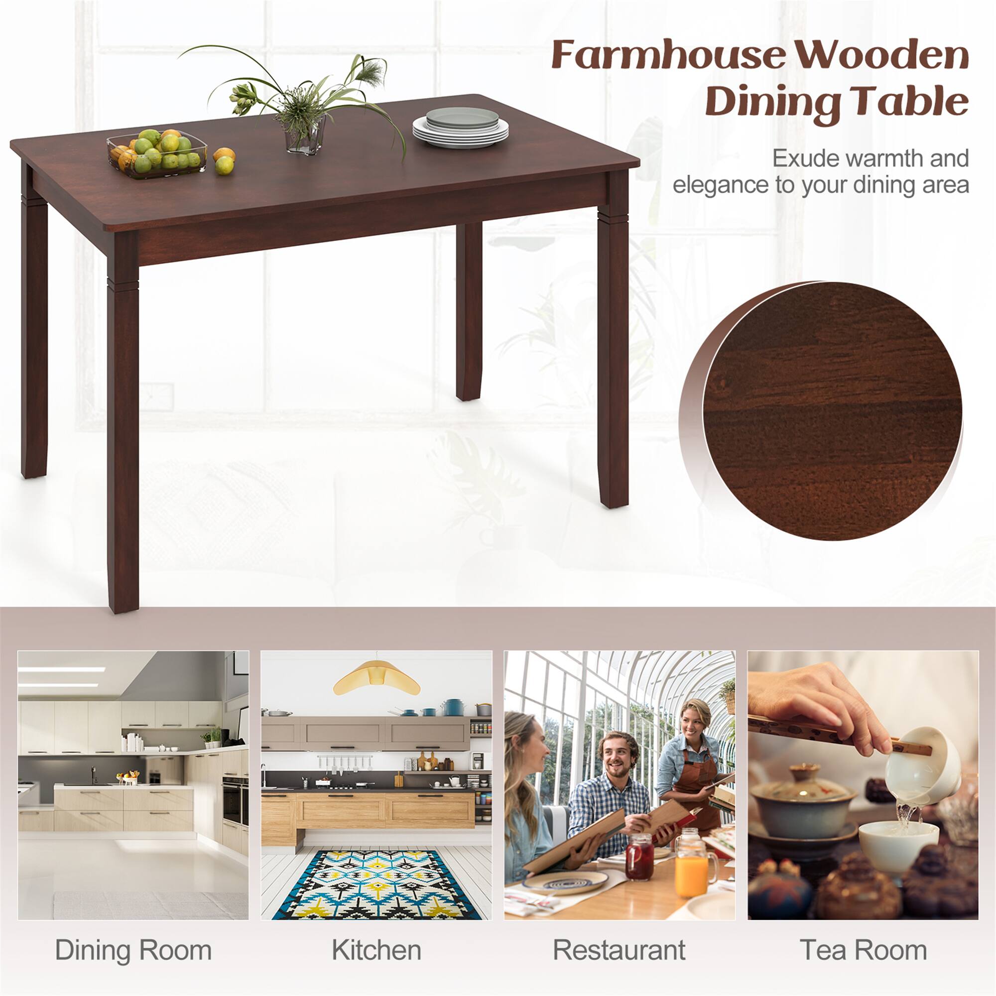 Farmhouse Wooden Dining Table  
Exude warmth and elegance to your dining area  

Dining Room  
Kitchen  
Restaurant  
Tea Room