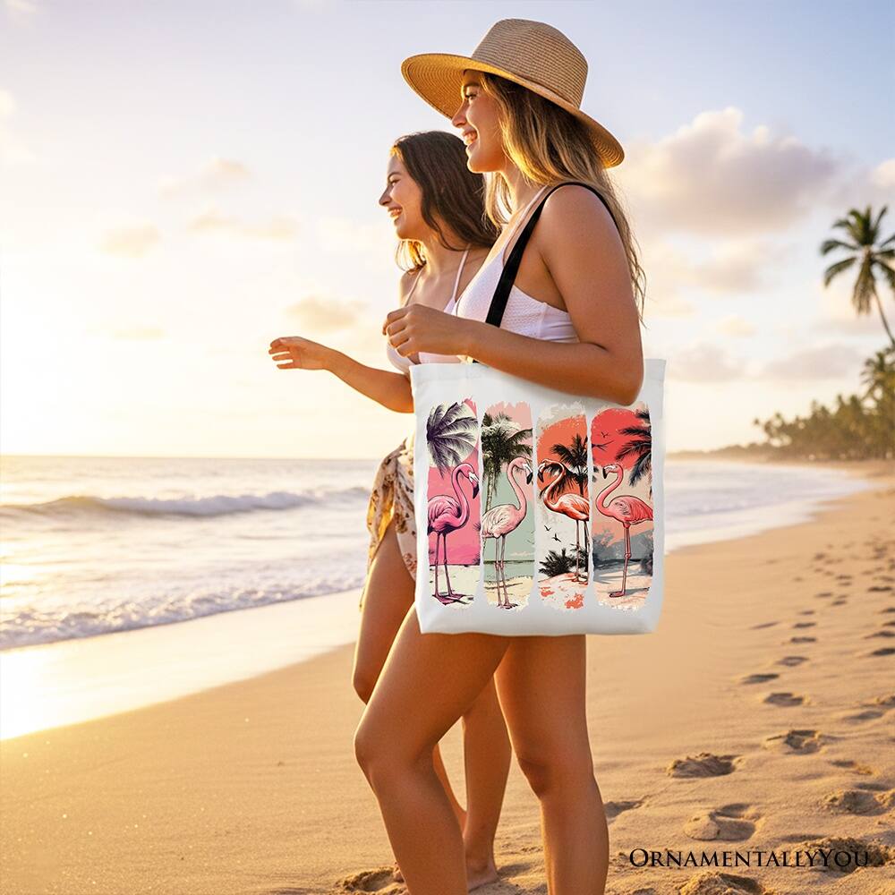 Left. OrnamentallyYou - Summer Flamingo Beach Canvas Tote Bag, Retro Vacation Tropical Sunset Gift Shopper - White Black.