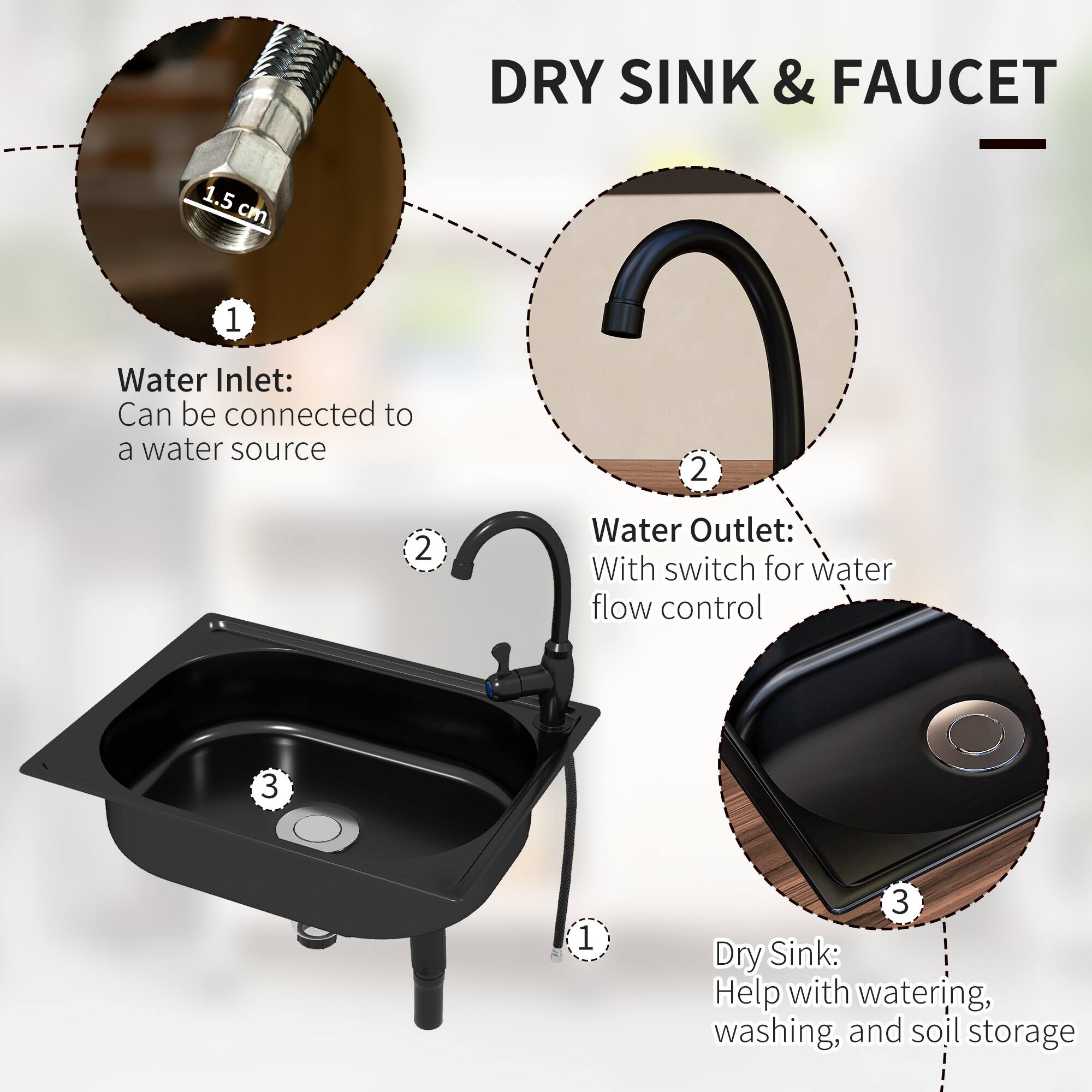 DRY SINK & FAUCET
1.5 cm
1. Water Inlet: Can be connected to a water source
2. Water Outlet: With switch for water flow control
3. Dry Sink: Help with watering, washing, and soil storage