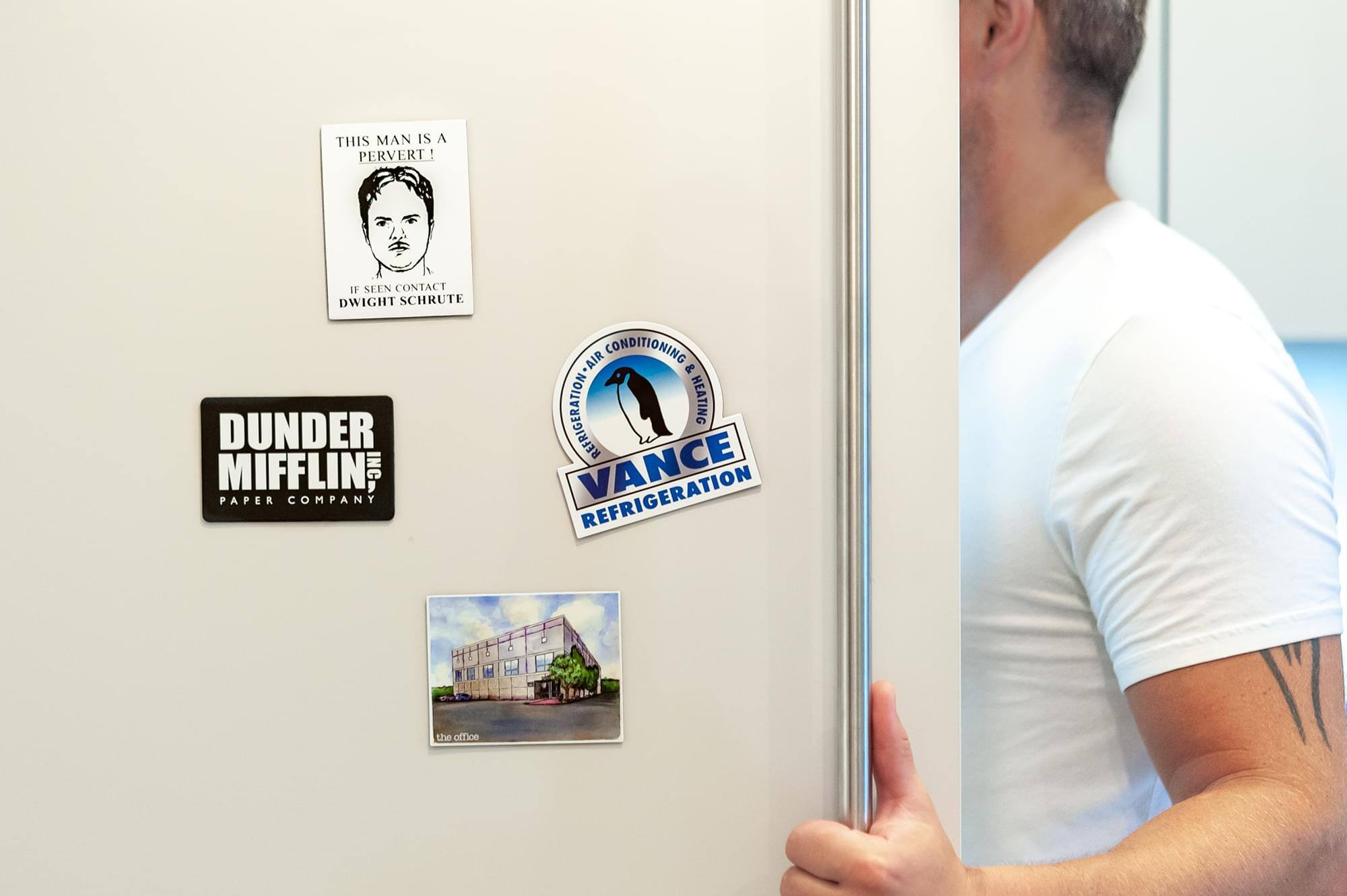 THIS MAN IS A PERVERT! IF SEEN CONTACT DWIGHT SCHRUTE DUNDER MIFFLIN INC PAPER COMPANY AIR CONDITIONING & REFRIGERATION HEATING REFRIGERATION C the office