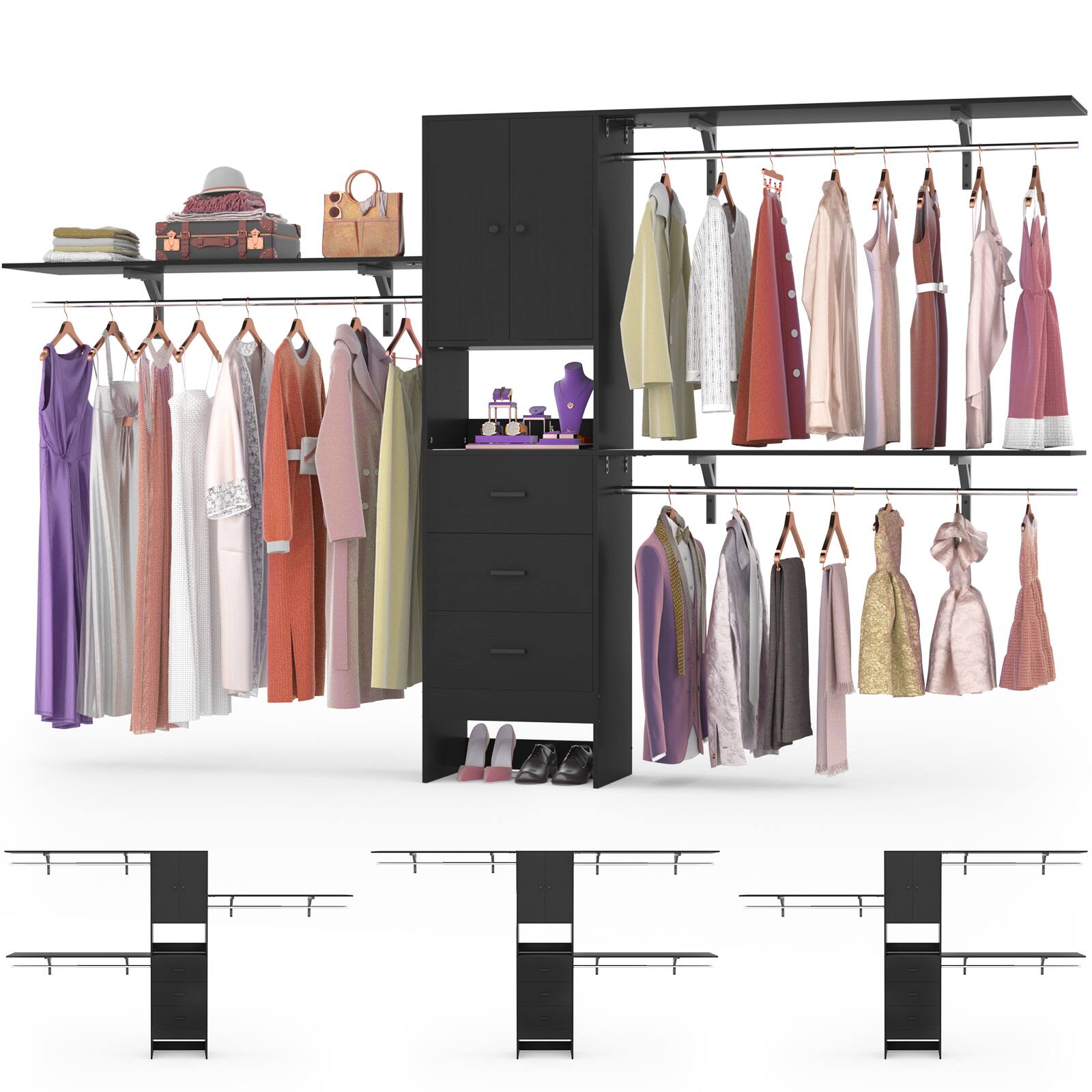 Left. Aheaplus - 120'' Large Closet System with Drawers and Doors, 10FT Heavy Duty Closet Organizer with 3 Hanging Rods & Shelf Towers - Black.