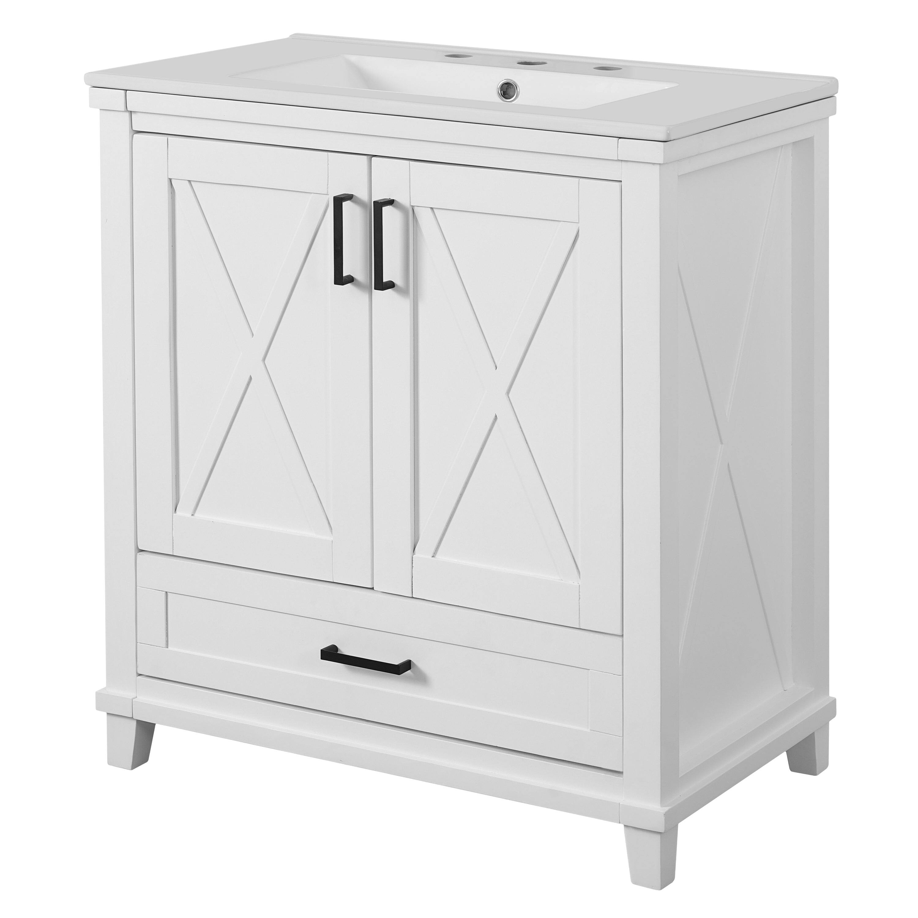 Angle. Boyel Living - 30 Inch Bathroom Vanity with Ceramic Sink Solid Wood Frame MDF 2 Soft Close Doors 1 Drawer Dual Storage Shelves - White.