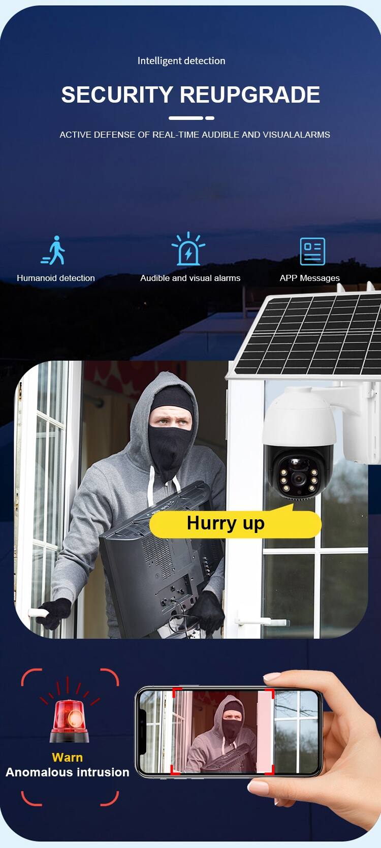 Intelligent detection  
SECURITY REUPGRADE  
ACTIVE DEFENSE OF REAL-TIME AUDIBLE AND VISUAL ALARMS  

- Humanoid detection  
- Audible and visual alarms  
- APP Messages  

Hurry up  

Warn  
Anomalous intrusion