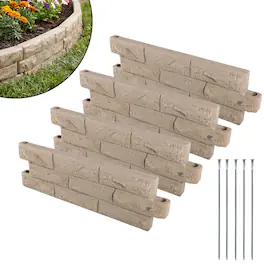 Pure Garden - Faux Brick Landscape Edging - 4 Pieces 25.91” L x 2.17” W x 7.87” H Flower Garden Border with 8ft Total Length, Tan