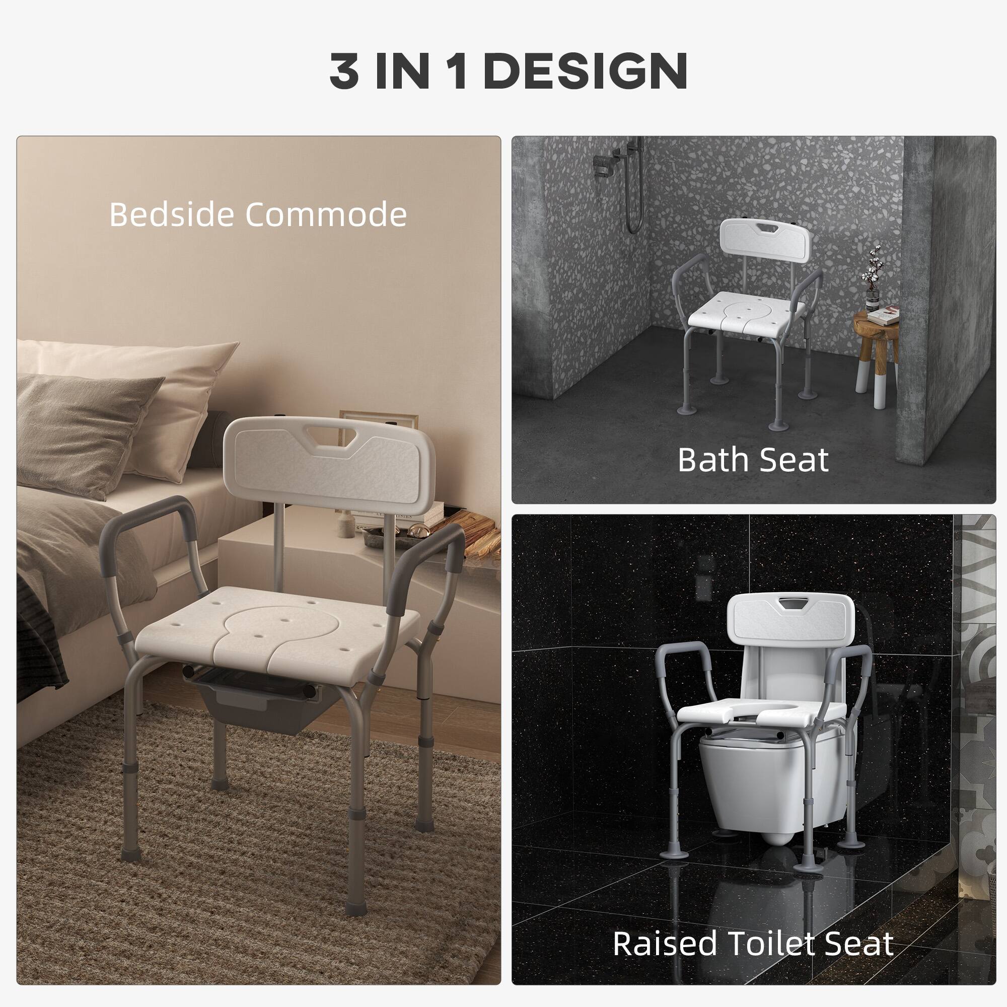 The text in the image can be grouped and corrected as follows:

**3 IN 1 DESIGN**

- **Bedside Commode**
- **Bath Seat**
- **Raised Toilet Seat**
