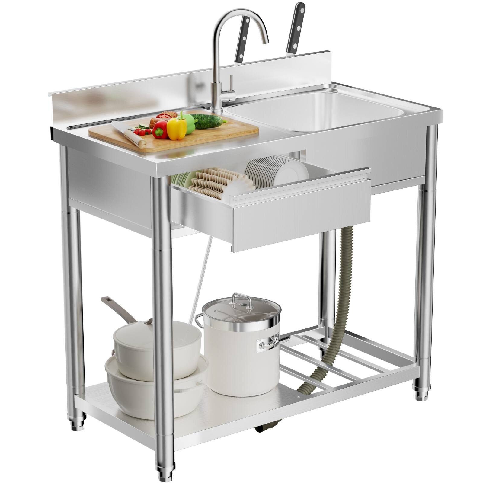 Alt View 8. Chateau Abodes - 39" 304 Stainless Steel Outdoor Utility Sink & Prep Table with Workbench, Storage Shelf & 360° Hot/Cold Faucet - Silver.