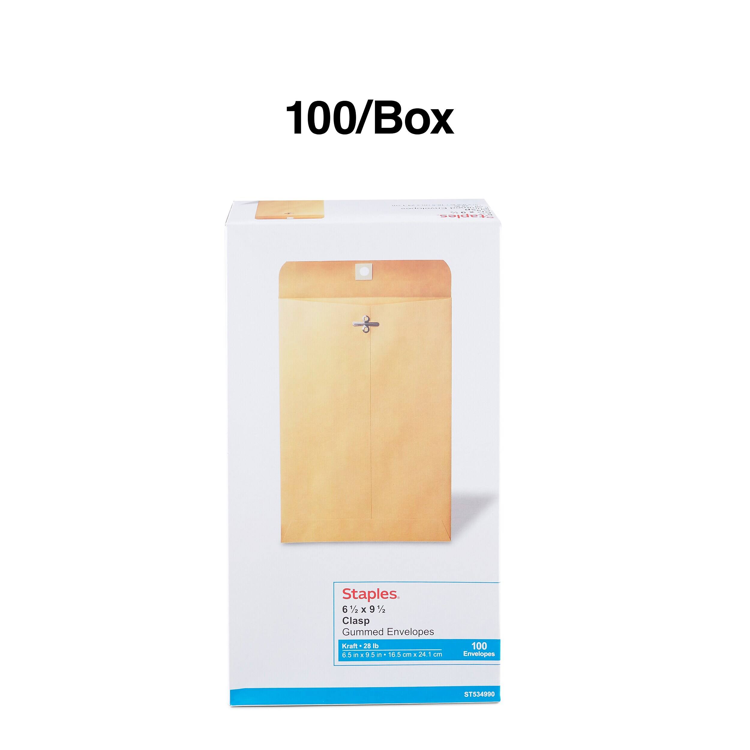 100/Box

Staples 6 1/2 x 9 1/2 Clasp Gummed Envelopes Kraft 28 di 6.5 in x 9.5 in 15.5 cm x 24.1 cm

100 Envelopes

STS34990
