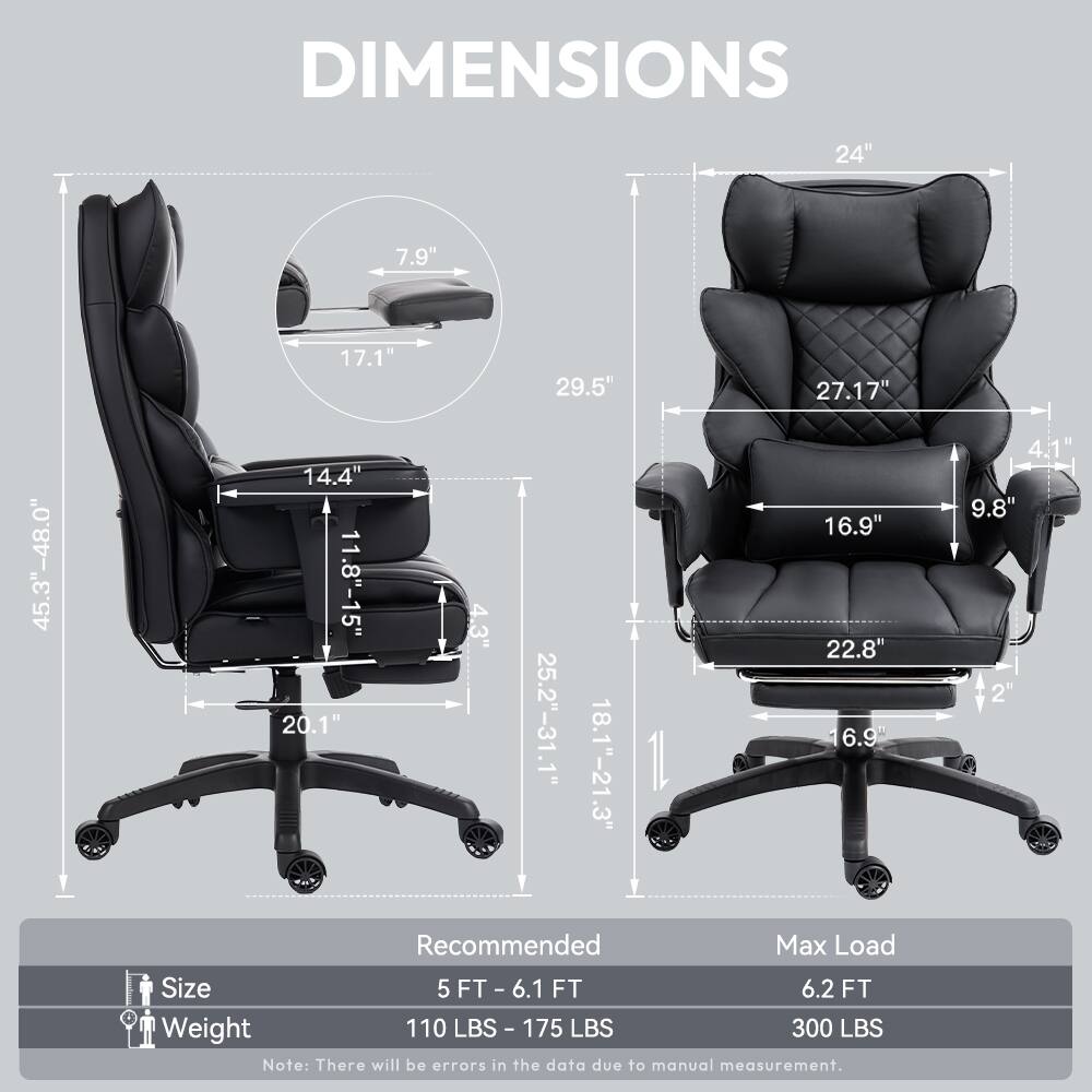 DIMENSIONS  
24"  
7.9"  
17.1"  
29.5"  
27.17"  
45.3"-48.0"  
14.4"  
11.8"-15"  
20.1"  
4.3"  
25.2"-31.1"  
18.1"-21.3"  
.3"  
16.9"  
22.8"  
16.9"  
4.1"  
9.8"  

Recommended Max Load Size  
5 FT - 6.1 FT  
6.2 FT  

Weight  
110 LBS - 175 LBS  
300 LBS  

Note: There will be errors in the data due to manual measurement.