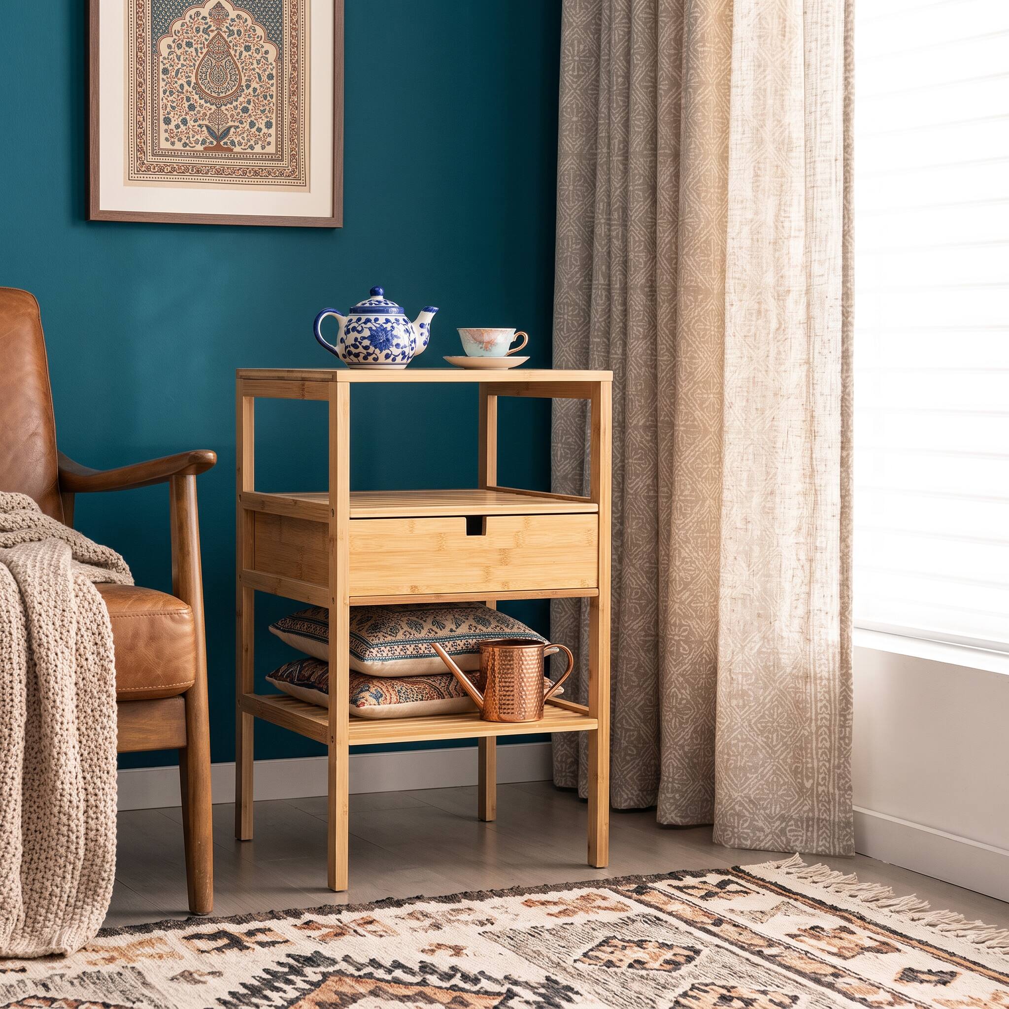 Angle. WELLFOR - Bamboo Nightstand with Storage Drawer and Slatted Shelf - Natural.