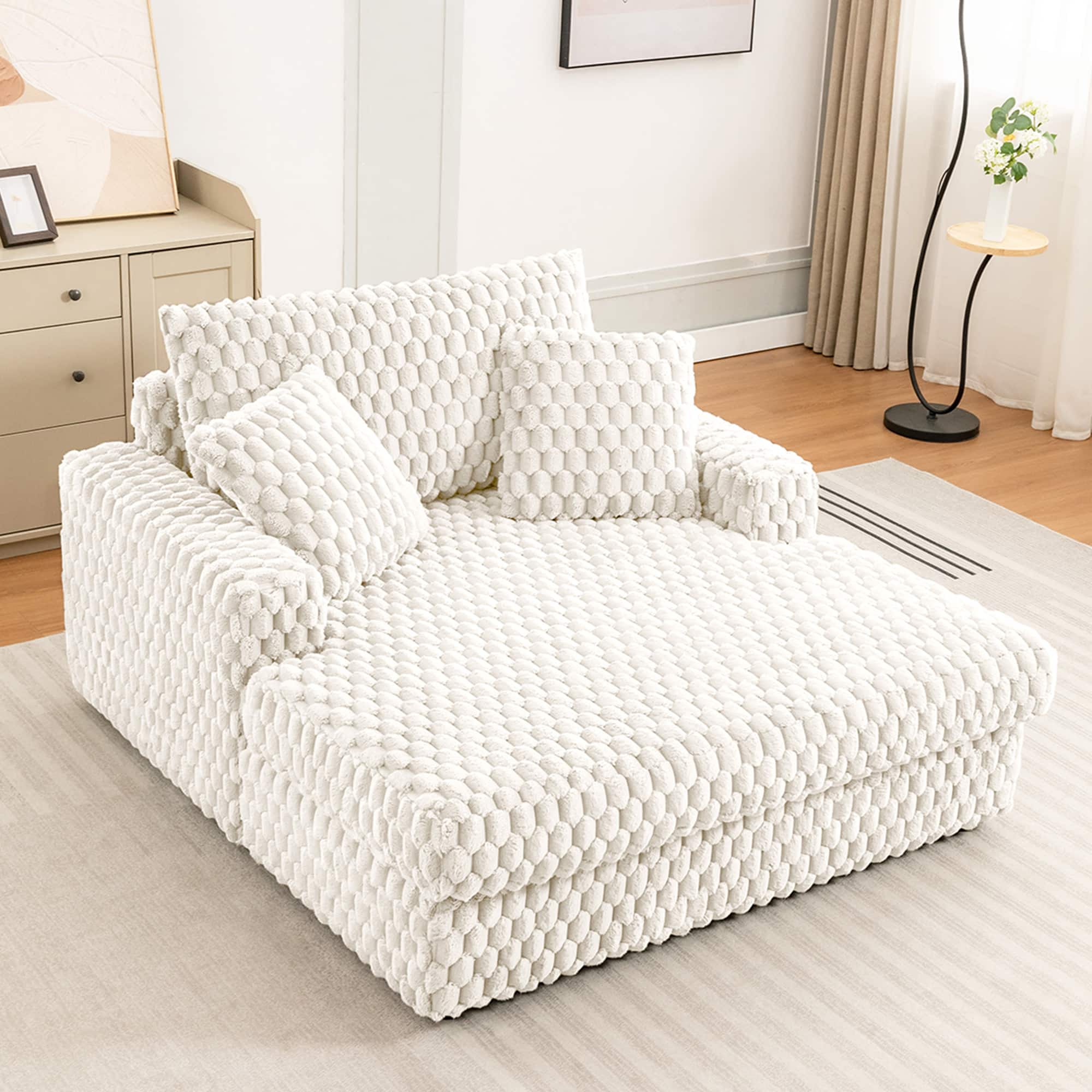 Front. KERDOM - Chaise Lounge Chair Daybed Fluffy Reading Sofa Bed with 3 Pillows & Wide Armrest, Modern Sleeper Couch Plush Chair Bed - White.