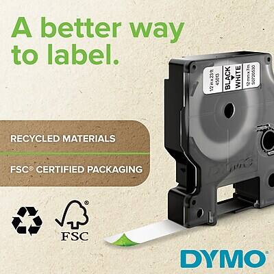 A better way to label.  
12x23ft 45013 BLACK WHITE 2mmx7m 12 S0720530  
RECYCLED MATERIALS  
FSC CERTIFIED PACKAGING  
FSC  
DYMO
