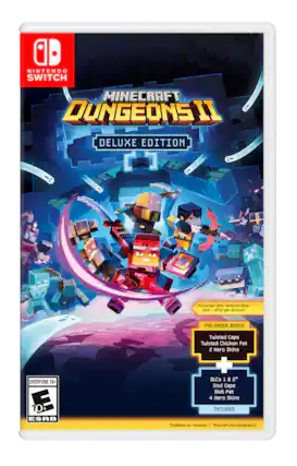 NINTENDO SWITCH MINECRAFT DUNGEONS II DELUXE EDITION
Pre-order offer ends 09.28.26
Limit 1 offer per account.
PRE-ORDER BONUS
Twisted Cape
Twisted Chicken Pet
2 Hero Skins
EVERYONE 10+
E 10+ ESRB
DLCS 1 & 2
Soul Cape
Blub Pet
4 Hero Skins
INCLUDED
*Available as released | Minecraft.net/dungeonsII - E10+ (Everyone 10+)