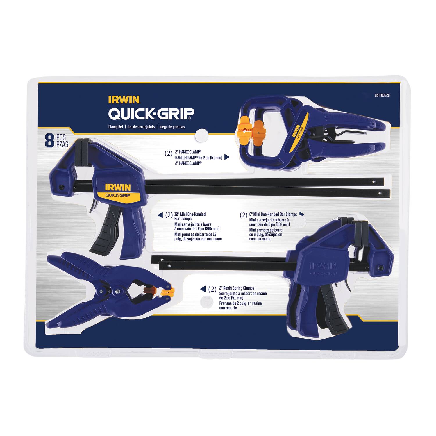 PCS 8 PZAS IRWIN QUICK-GRIP Clamp Set I Jeu de serre-joints SHIP I Junge de premes (2) Z RANDI-CLAMP MANDS a CLAM de 20 mml T RANDI-CLAMP NUA I UHNTAIO IRWIN QUICK-GRIP (2) Mini Dne-Manded das Camps Mini sempjoints I harve a une mais de 2 D0 CROS mml Mini prensas de Sara de 12 fynd de sujecin con ana - (2) 4 Mini ne-Handed Bar Clamps Mini serre-joints harre i une main de 6 De 052 mml Min premoas de harra de pulg, de sejecide - oma - IRWIM 1 (2) r Kesin Spring Clamps erre-jaints resson I esine de pe 1 mml eecas de 2 pulg T resina, can resorts