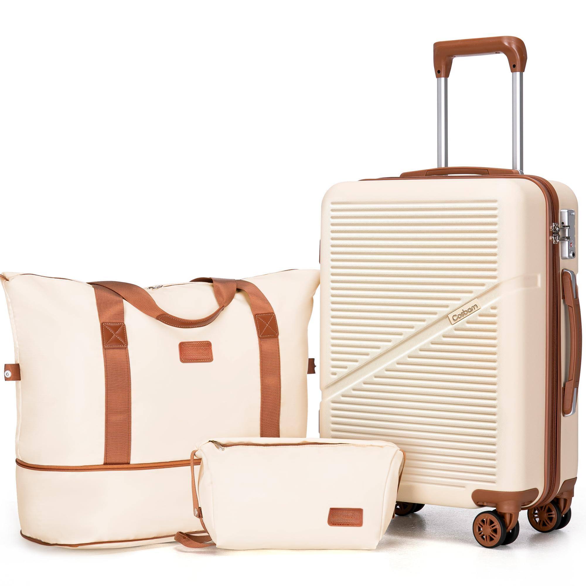 Beige-Carry On Luggage With Duffel Bag