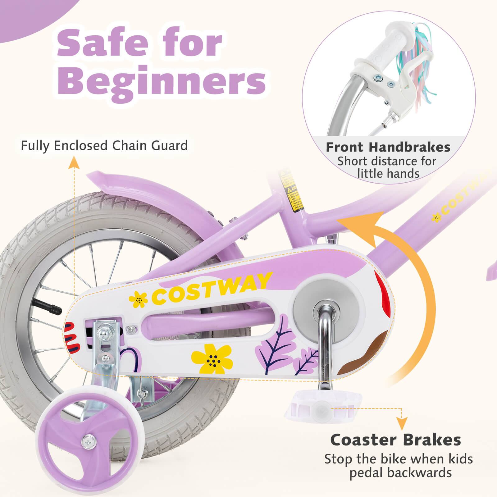 Safe for Beginners

Fully Enclosed Chain Guard

Front Handbrakes
Short distance for little hands

Coaster Brakes
Stop the bike when kids pedal backwards