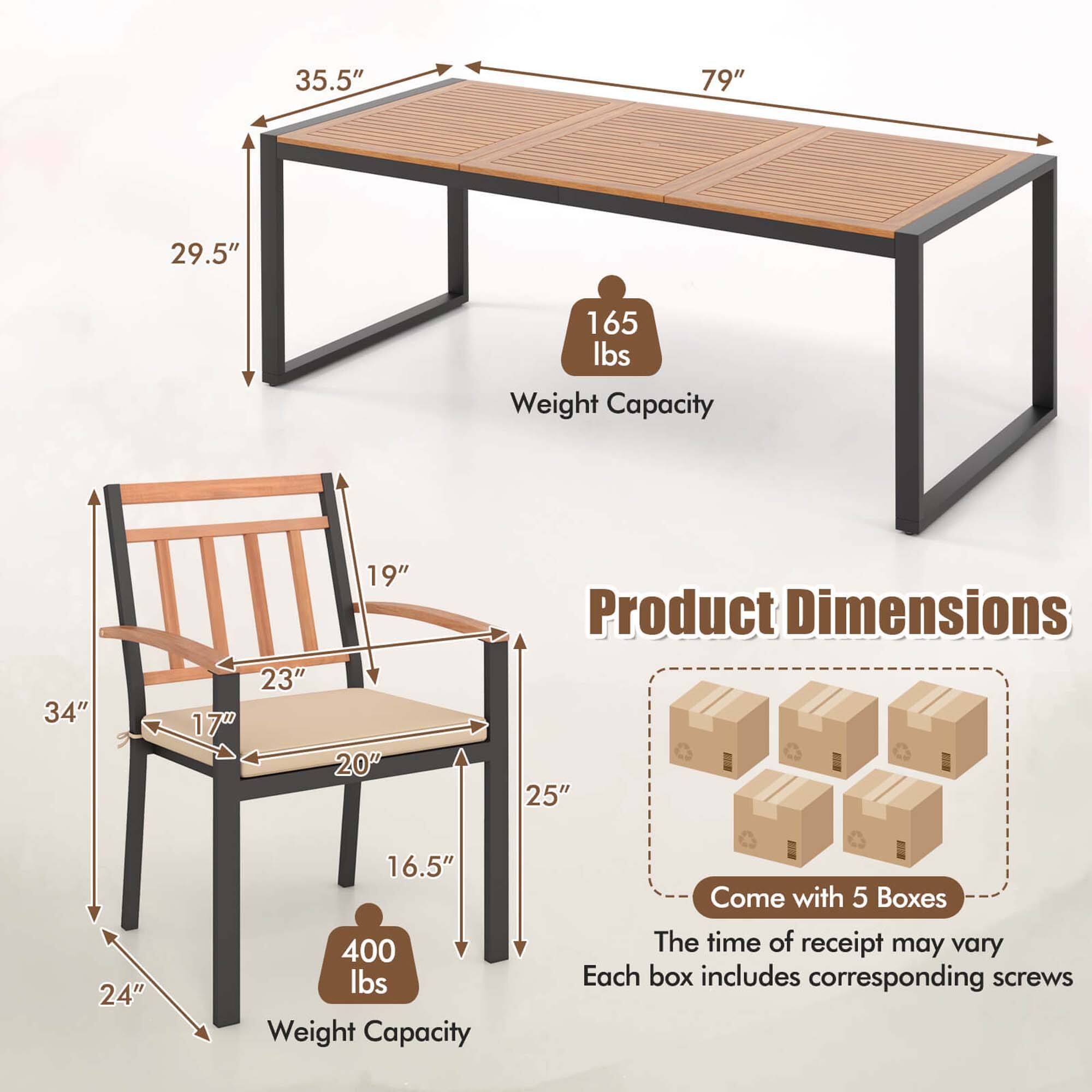 The image shows a wooden table with a chair next to it. The table is accompanied by a set of instructions, which include the following text:

* 35.5" 79" 29.5" 165 lbs Weight Capacity
* 34" 19" 23" 17" 20" Product Dimensions
* 25" 24" 16.5" 400 lbs Weight Capacity
* Come with 5 Boxes
* The time of receipt may vary
* Each box includes corresponding screws