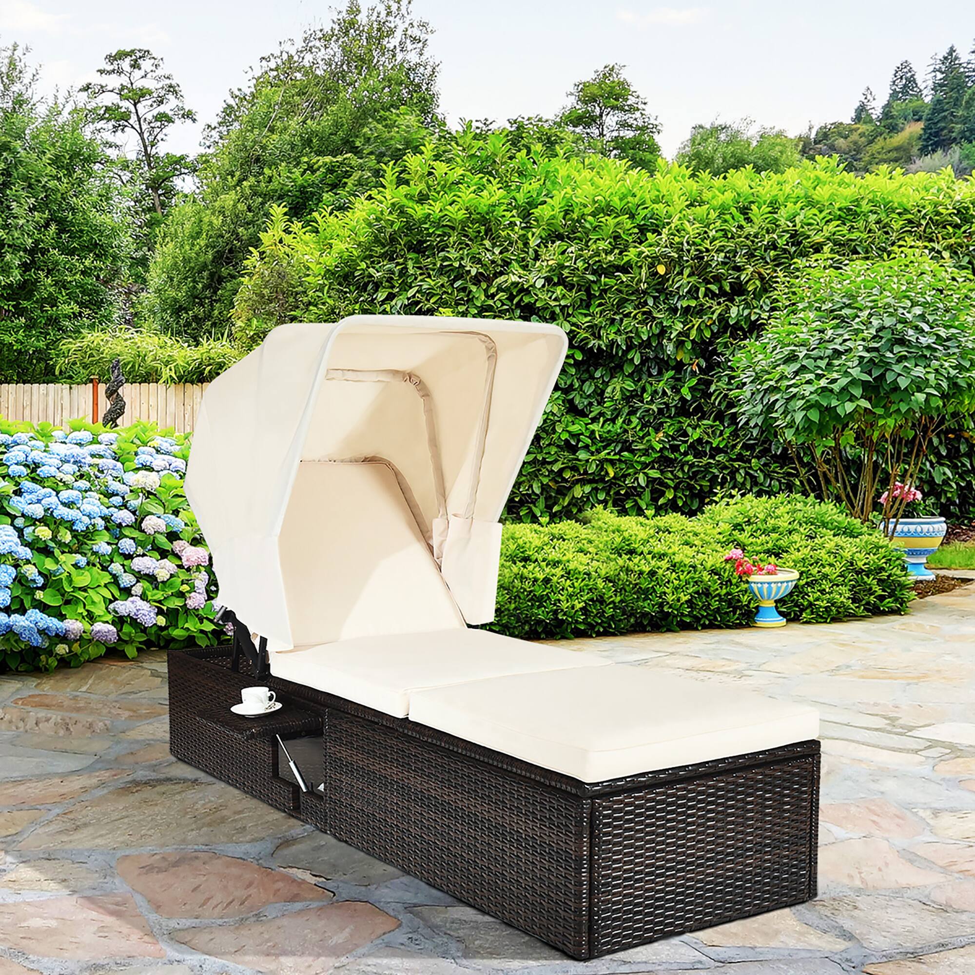 Alt View 2. Costway - Costway Patio Rattan Lounge Chair Chaise Cushioned Top Canopy Adjustable - White.