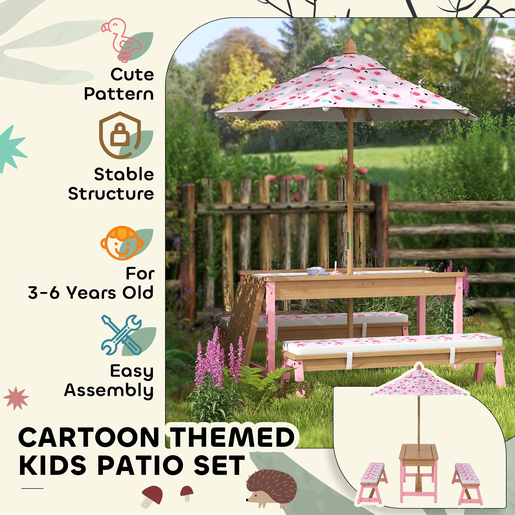 Cute Pattern  
Stable Structure  
For 3-6 Years Old  
Easy Assembly  

CARTOON THEMED KIDS PATIO SET