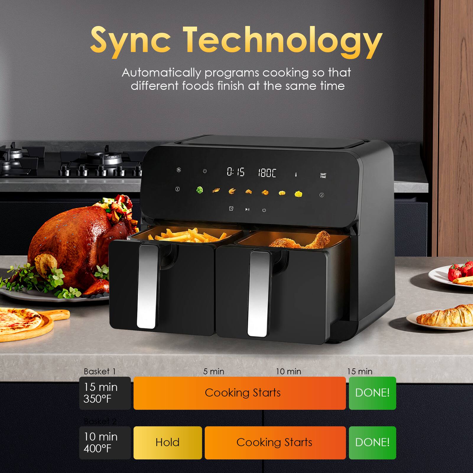 Sync Technology  
Automatically programs cooking so that different foods finish at the same time

Basket 1  
15 min  
350°F  
5 min  
Cooking Starts  
10 min  
DONE!

Basket 2  
10 min  
400°F  
Hold  
Cooking Starts  
15 min  
DONE!