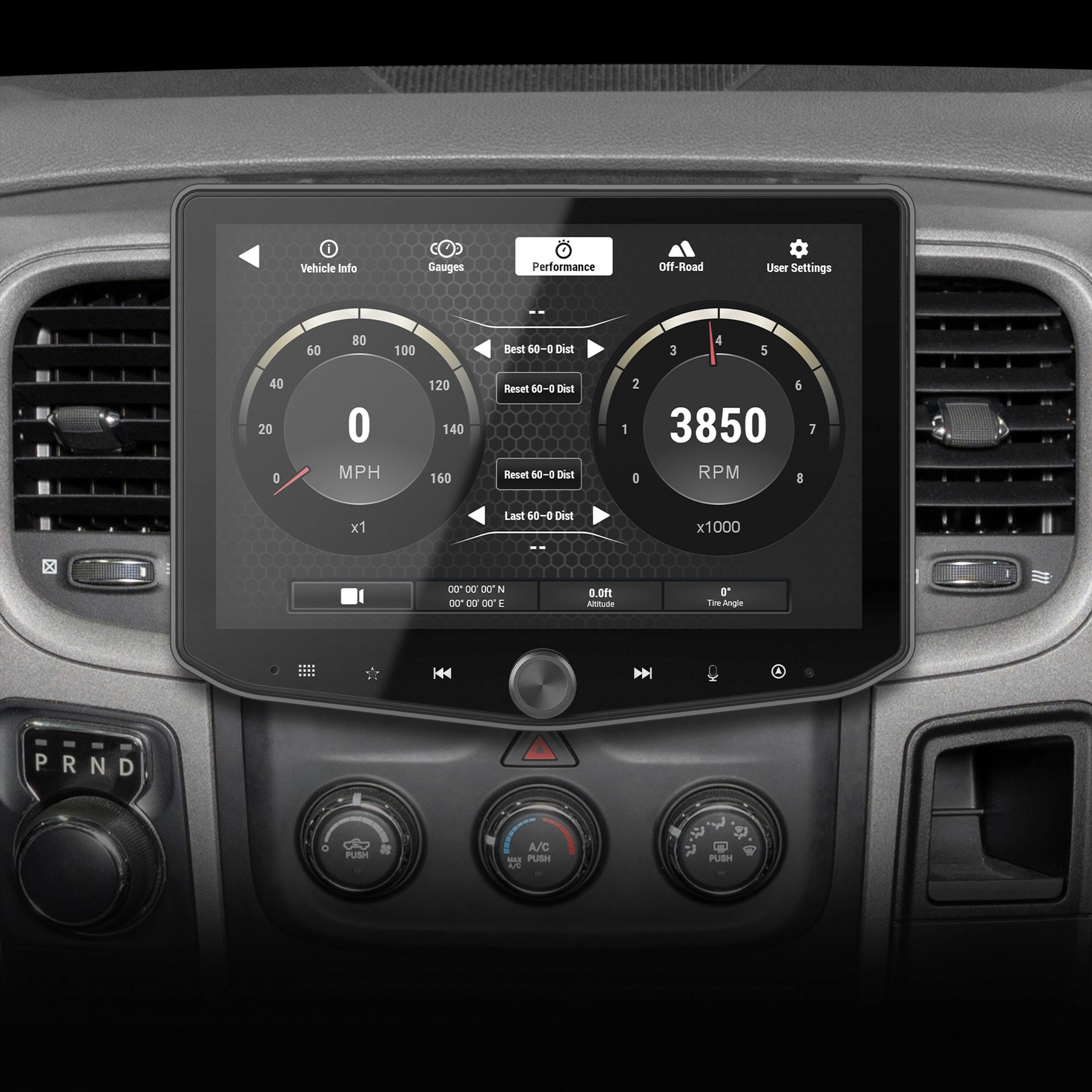 Vehicle Info Gauges Performance Off-Road User Settings 60 80 100 Best 60-0 Dist 3 4 5 40 20 D O MPH 120 140 160 Reset 60-0 Dist Reset 60-0 Dist 1 2 6 3850 7 O RPM M 8 x1 Last 60-0 Dist x1 1000 b 00* X0 X , 0o 0o 0o E o LOF Altilude 0* Toe Angle D PRND N D O PUSH A/C - PUSH - $ PUSH
