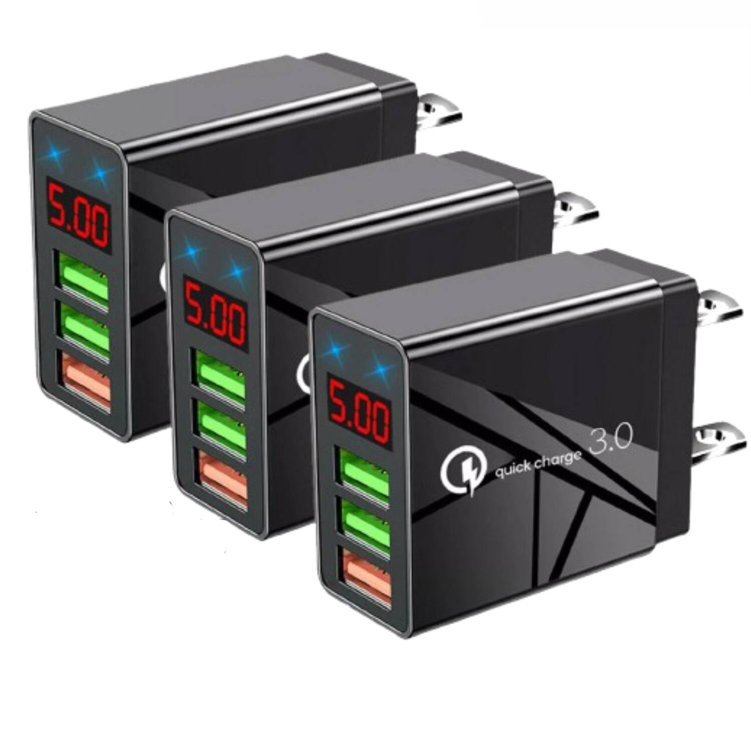 Stock Preferred - 3-Pack 3-Port Fast Charging Adapter with Foldable Plug - Black