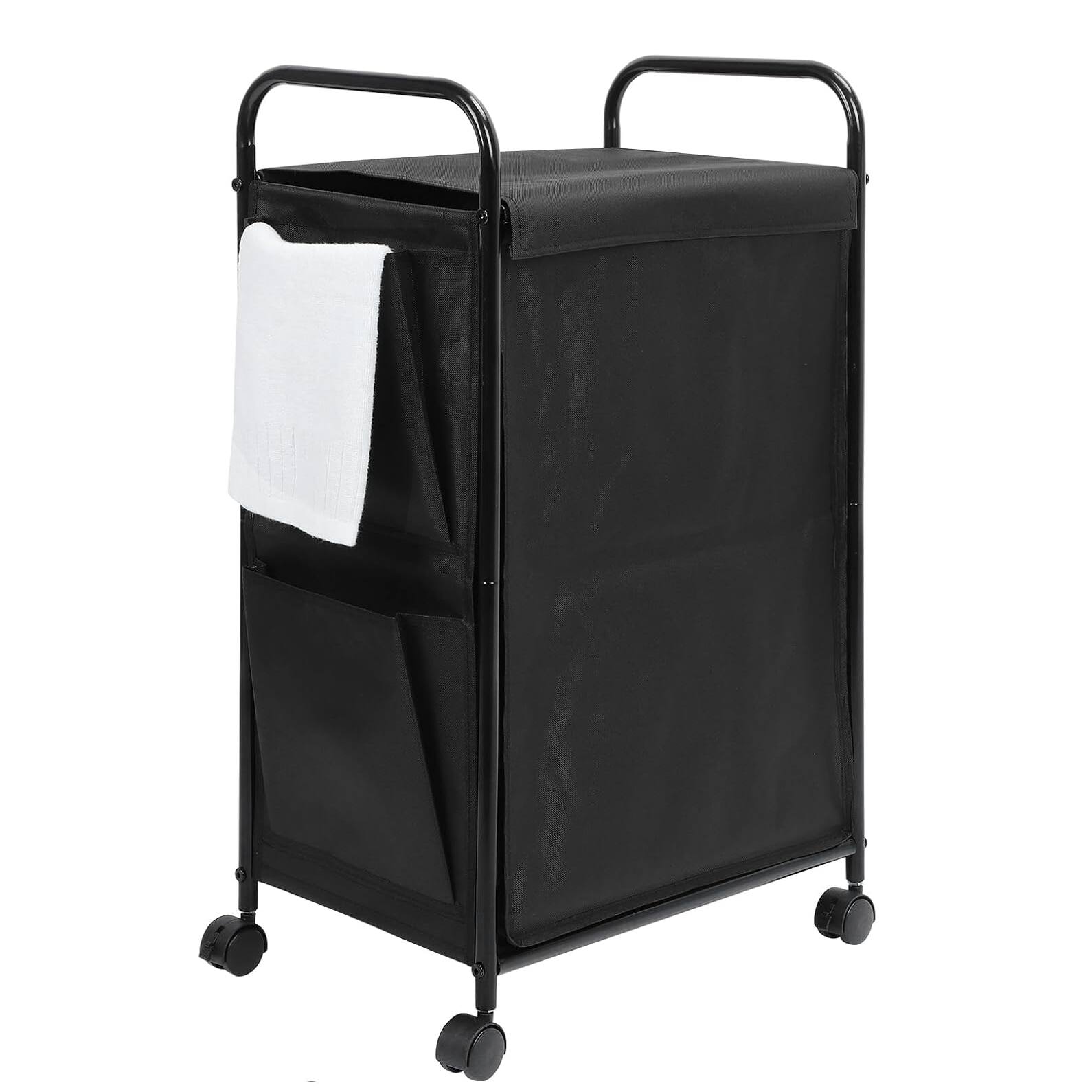Front. Oumilen - Rolling Laundry Hamper Cart with Lid – Matte Black Metal Frame & Waterproof Fabric Basket - Black.