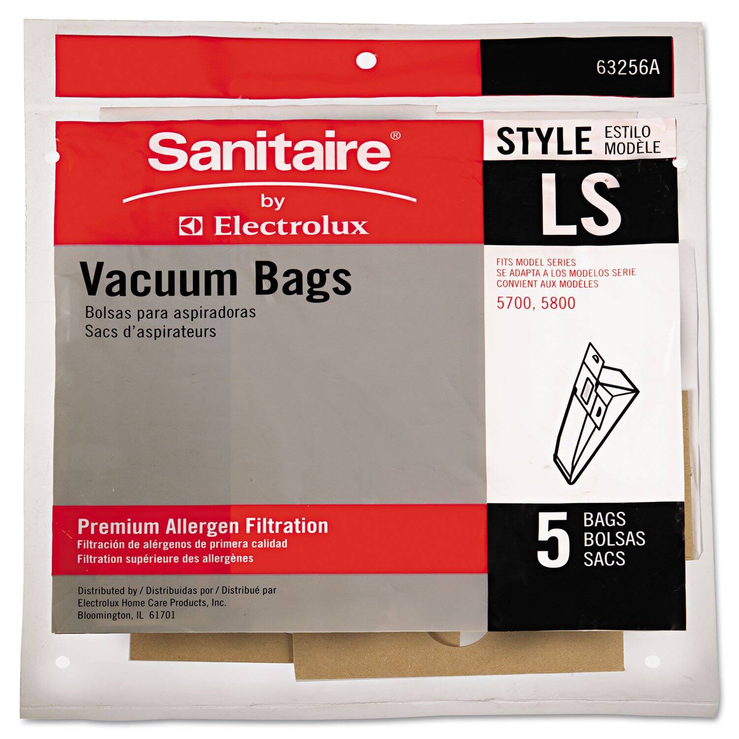Sure, here is the corrected and grouped text from the image:

---

**Sanitaire by Electrolux**

**Vacuum Bags**  
Bolsas para aspiradoras  
Sacs d'aspirateurs

**Premium Allergen Filtration**  
Filtración de alérgenos de primera calidad  
Filtration supérieure des allergènes

**Distributed by / Distribuidas por / Distribué par**  
Electrolux Home Care Products, Inc.  
Bloomington, IL 61701

**STYLE LS**  
ESTILO MODELO  
FITS MODEL SERIES  
SE ADAPTA A LOS MODELOS SERIE  
CONVIENT AUX MODELES  
5700, 5800

**5 BAGS**  
5 BOLSAS  
5 SACS

---

This text is organized to reflect the information on the packaging accurately.