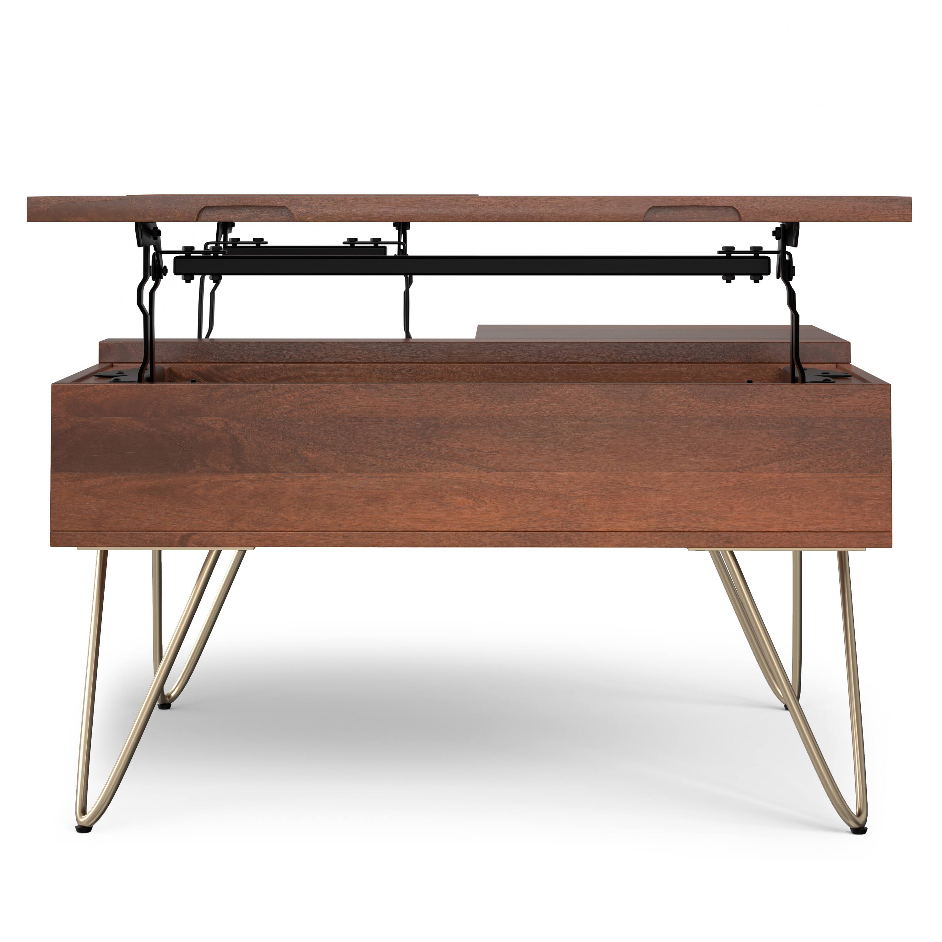 Alt View 4. Simpli Home - Hunter 32 inch Wide Solid Mango Wood Lift Top Square Coffee Table in Umber Brown, Gold - Umber Brown, Gold.