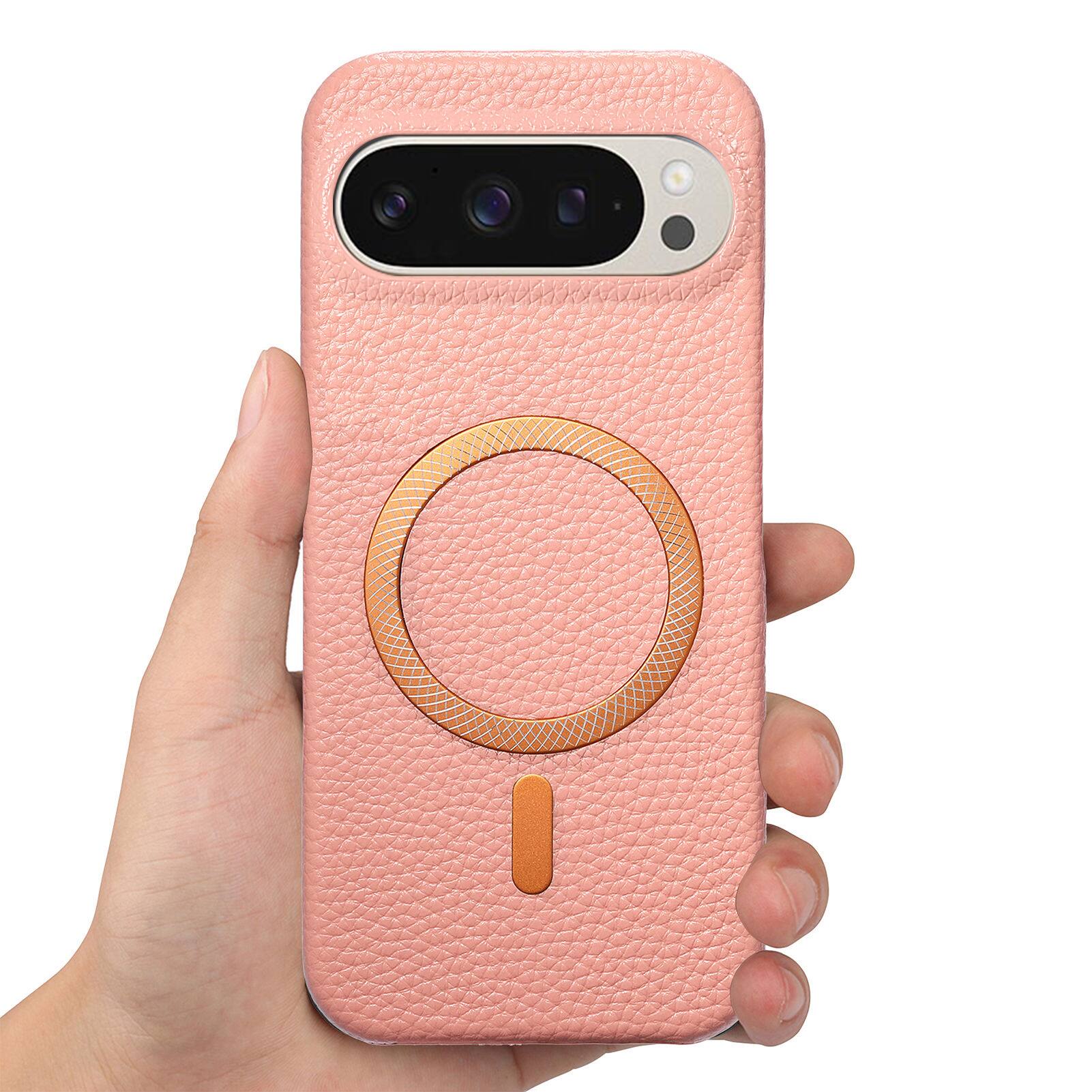 Alt View 3. Dteck - Lychee Texture Case for Google Pixel 10 Pro XL, Premium PU Leather Magnetic Shockproof Hard PC Cover with Raised Edges - Pink.