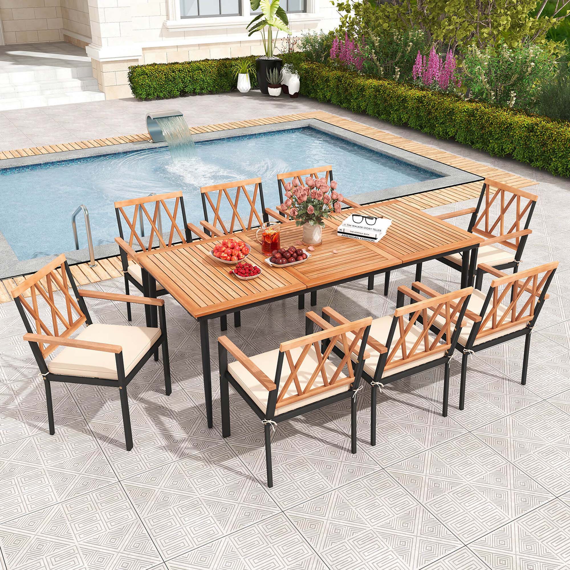 Alt View 1. Costway - 9 PCS Patio Dining Set Table with 1.9" Umbrella Hole & 8 Dining Chairs Outdoor - Natural & Black.