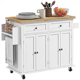 Homcom - Kitchen Island Cart with Rubber Wood Top, Portable Table on Wheels with Adjustable Shelves, Spice Rack and Towel Rack - Distressed White