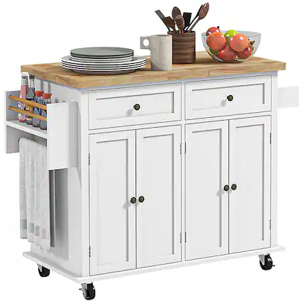 Front. Homcom - Kitchen Island Cart with Rubber Wood Top, Portable Table on Wheels with Adjustable Shelves, Spice Rack and Towel Rack - Distressed White.