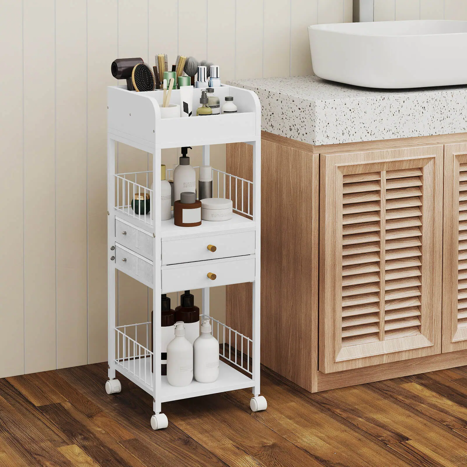 Alt View 1. Costway - Costway Makeup Organizer Cart with 2 Storage Drawers & Lockable Wheels for Perfume, White - White.