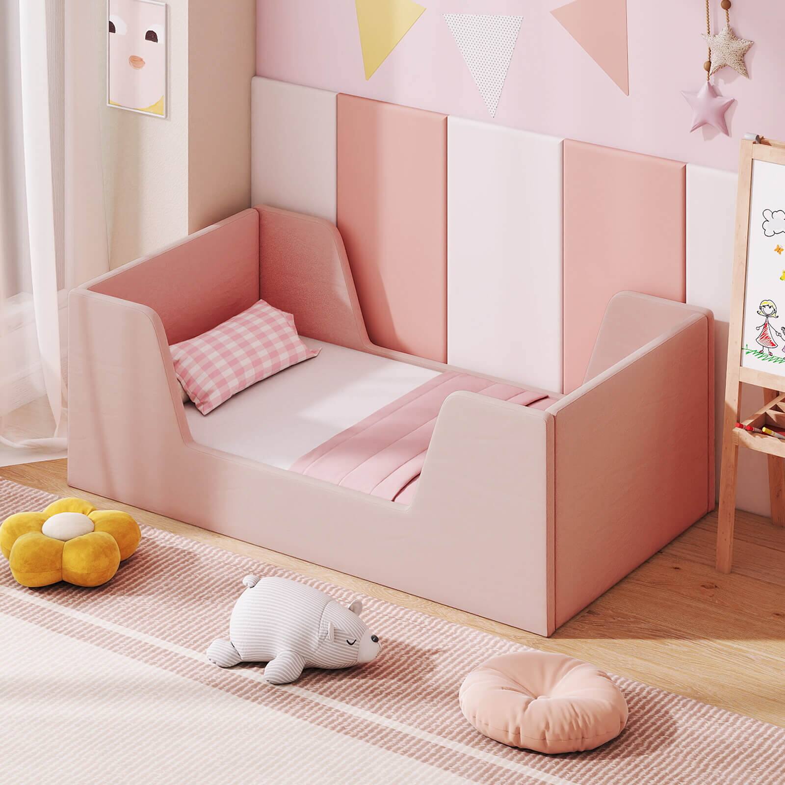 Alt View 1. Costway - Costway Soft Velvet Fabric Upholstered Children Floor Bed with Safety Rails & Headboard - Pink.