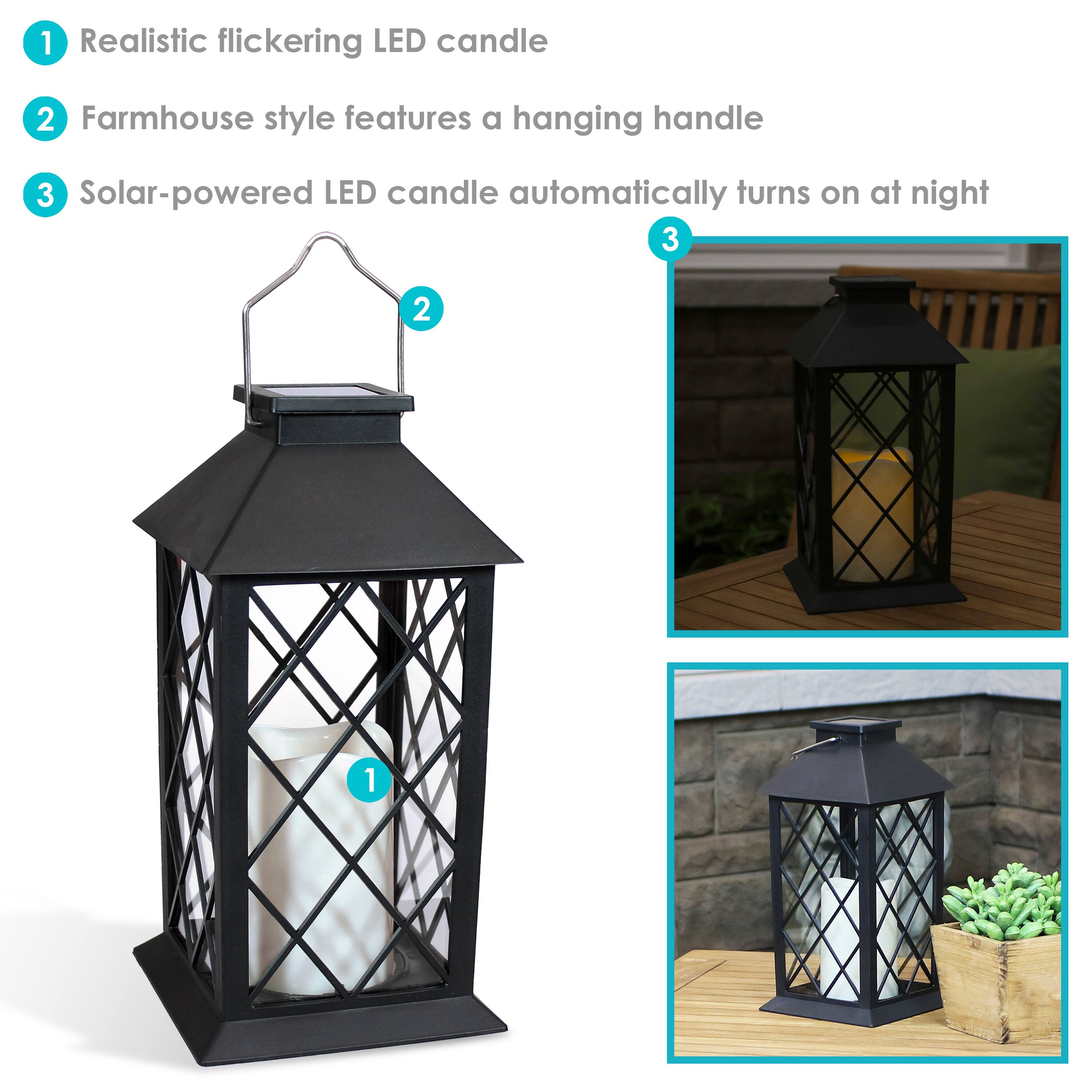 1. Realistic flickering LED candle
2. Farmhouse style features a hanging handle
3. Solar-powered LED candle automatically turns on at night
