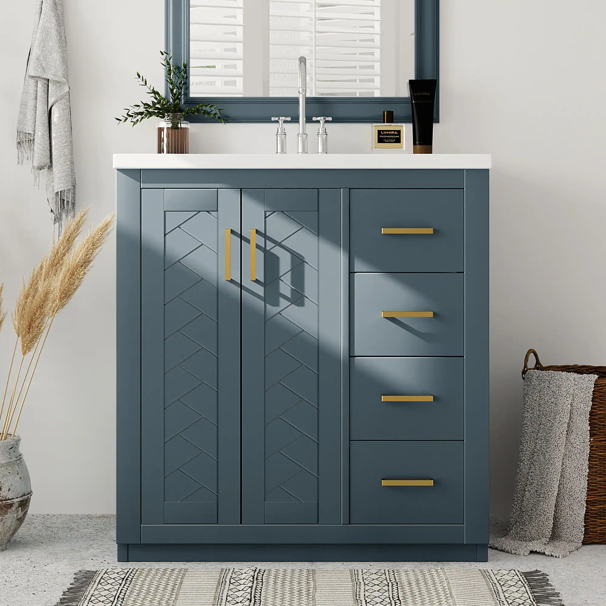 Tiramisubest - 30" Bathroom Vanity with Ceramic Sink Combo, Bathroom Storage Cabinet, Freestanding Vanity Set with 3 Drawers - Blue