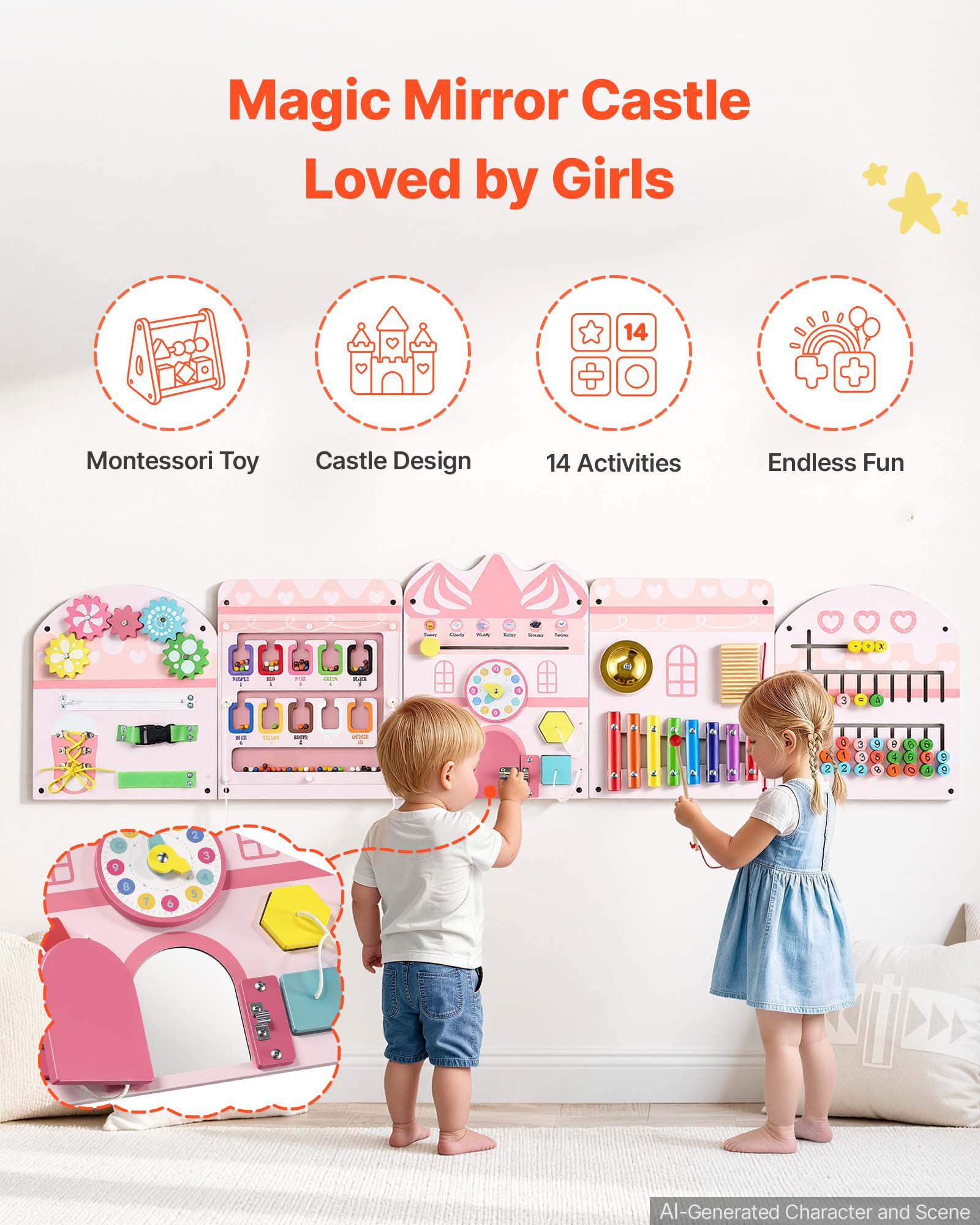 VEVOR Wall Busy Board, 14 in 1 Castle Montessori Sensory Activity ...