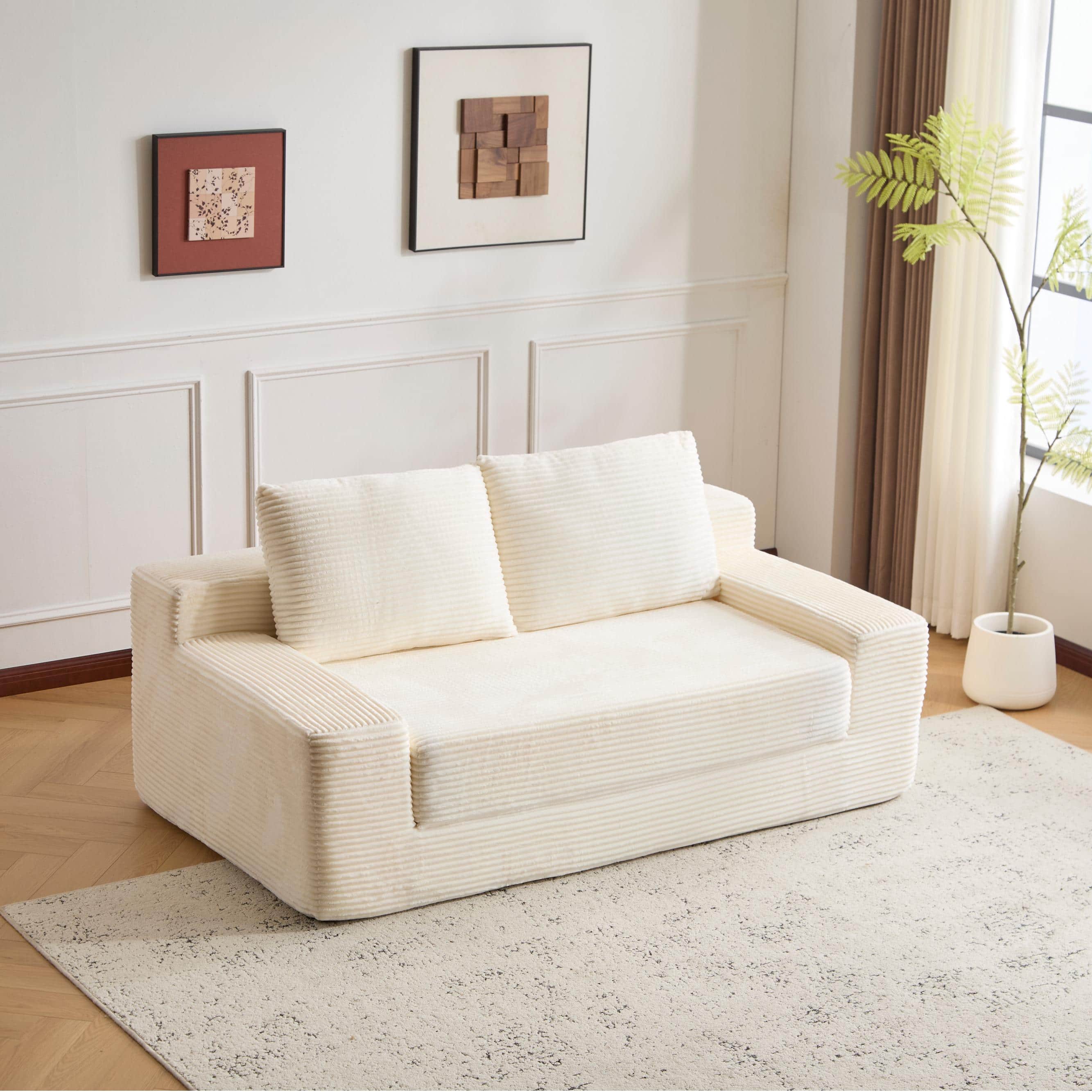 Meqiodas - Loveseat Sofa, Comfortable Deep Seat Sofa Bed, Modern Corduroy Couch for Living Room Bedroom, No Assembly Required - White