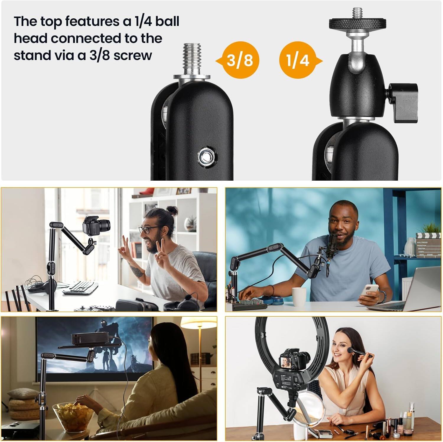 The top features a 1/4 ball head connected to the stand via a 3/8 screw.

3/8 1/4