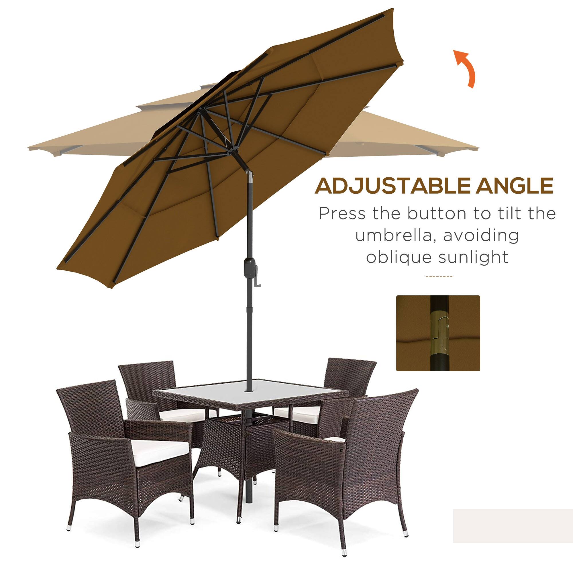 ADJUSTABLE ANGLE
Press the button to tilt the umbrella, avoiding oblique sunlight